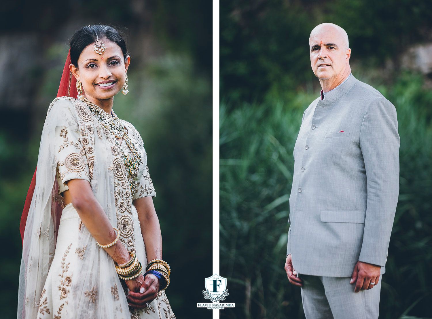 Beautiful Indian bride in white lehenga and groom in grey suit pose separately for wedding portraits outdoors.