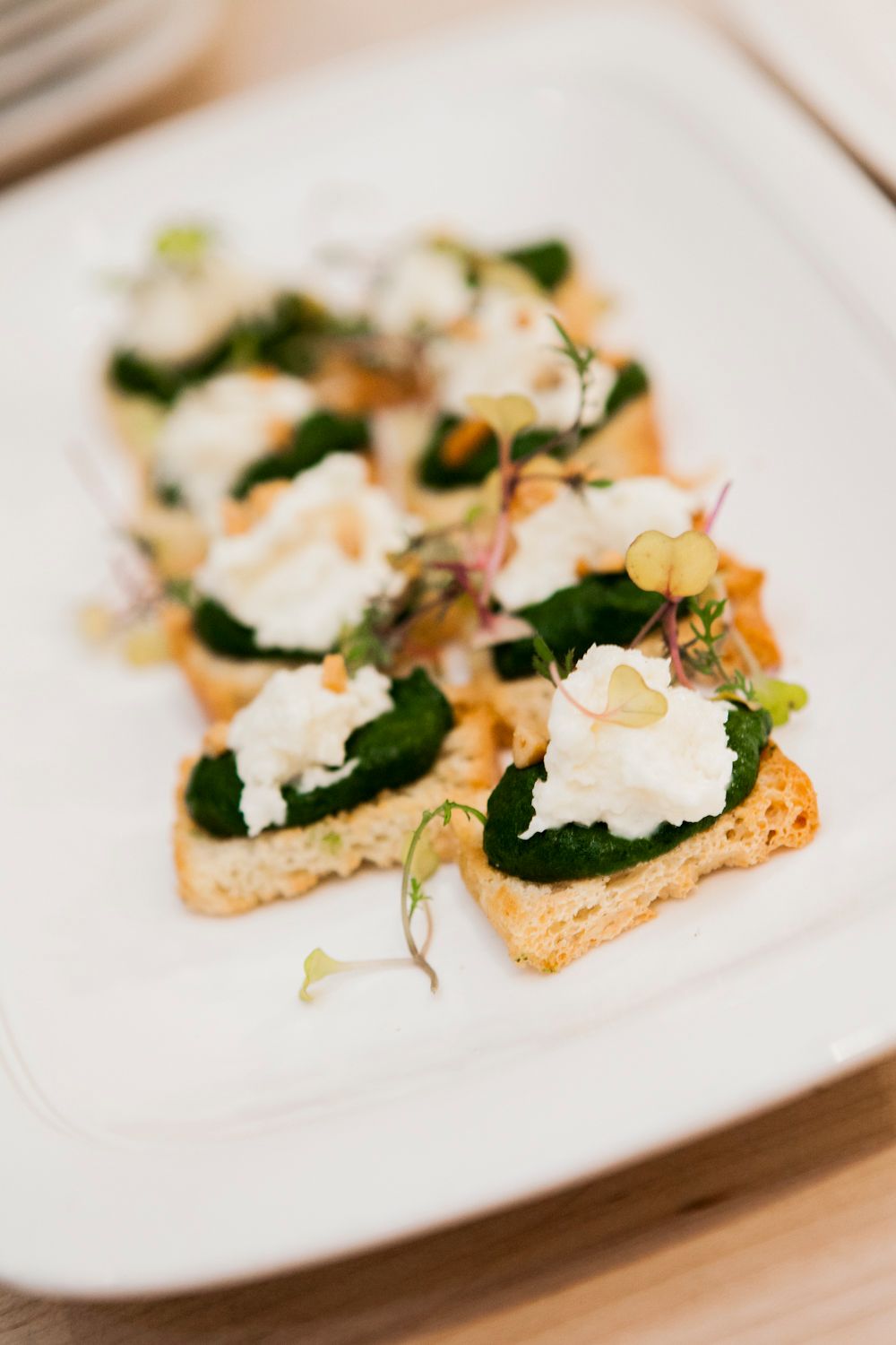 Elegant crostini appetizers topped with spinach, ricotta cheese, and fresh microgreens on a white plate.