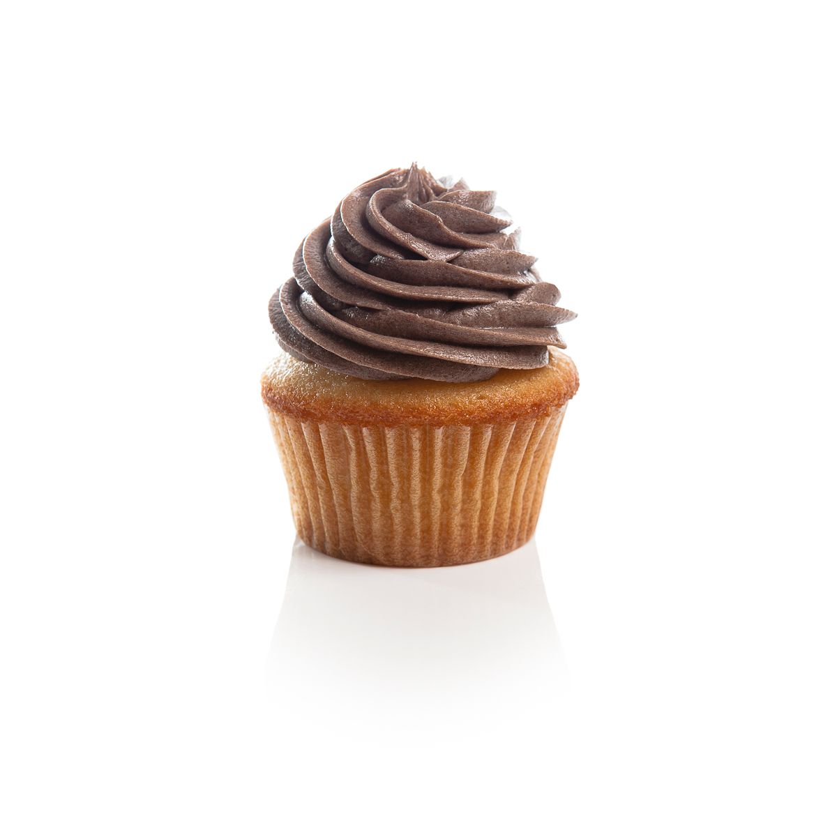 Single vanilla cupcake topped with a swirl of rich chocolate frosting on a white background.