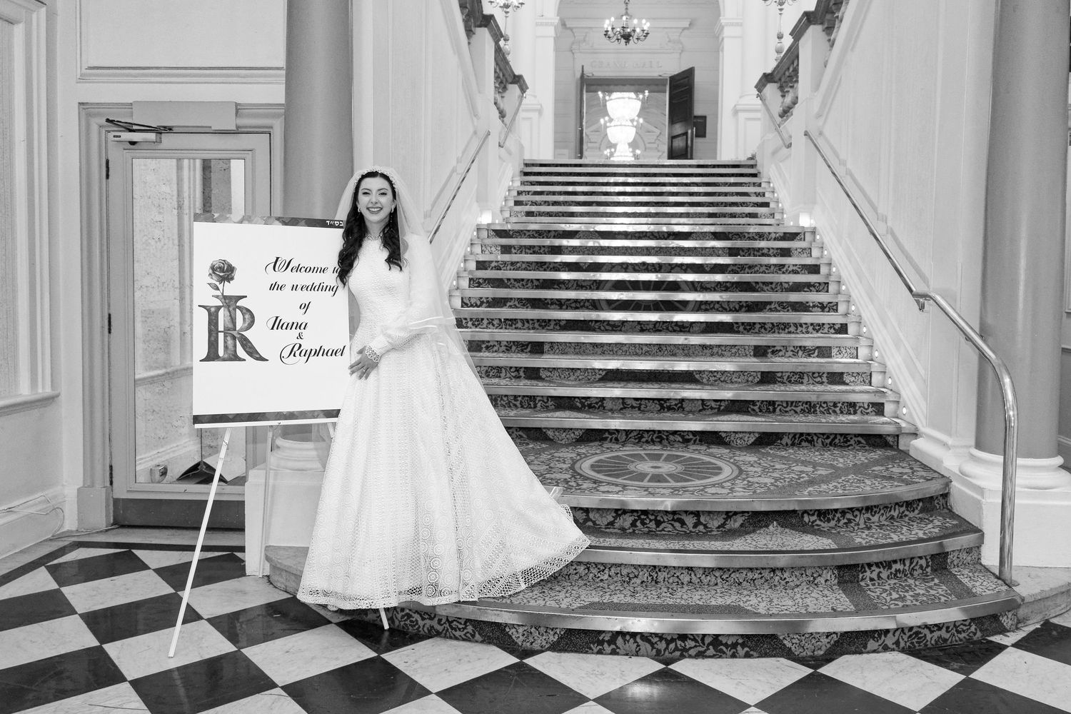 A series of elegant black and white photographs showing a bride in a flowing white gown on a grand staircase.