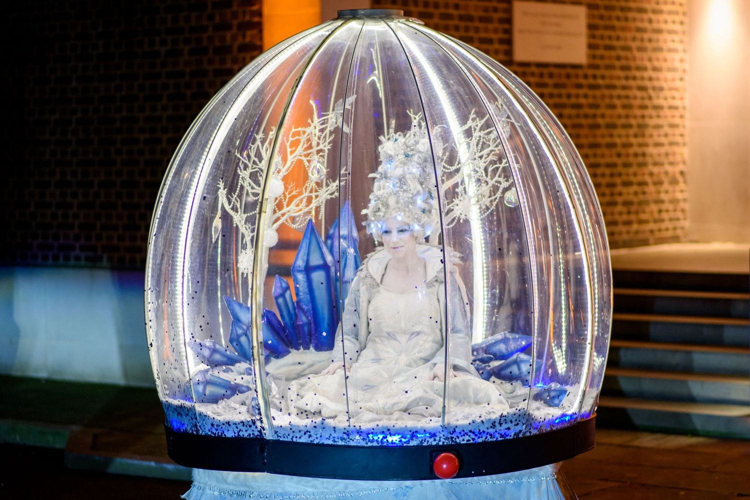 Clear glass dome decorations with blue lighting and winter scene displays.