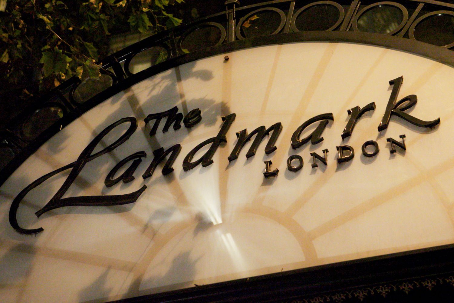 Illuminated decorative signage with cursive lettering against a dark background.