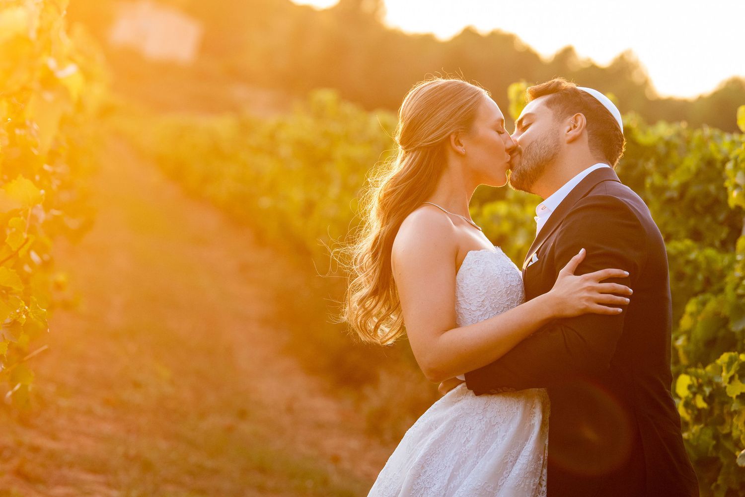 Newlyweds share an intimate moment at sunset in a golden-lit vineyard setting.