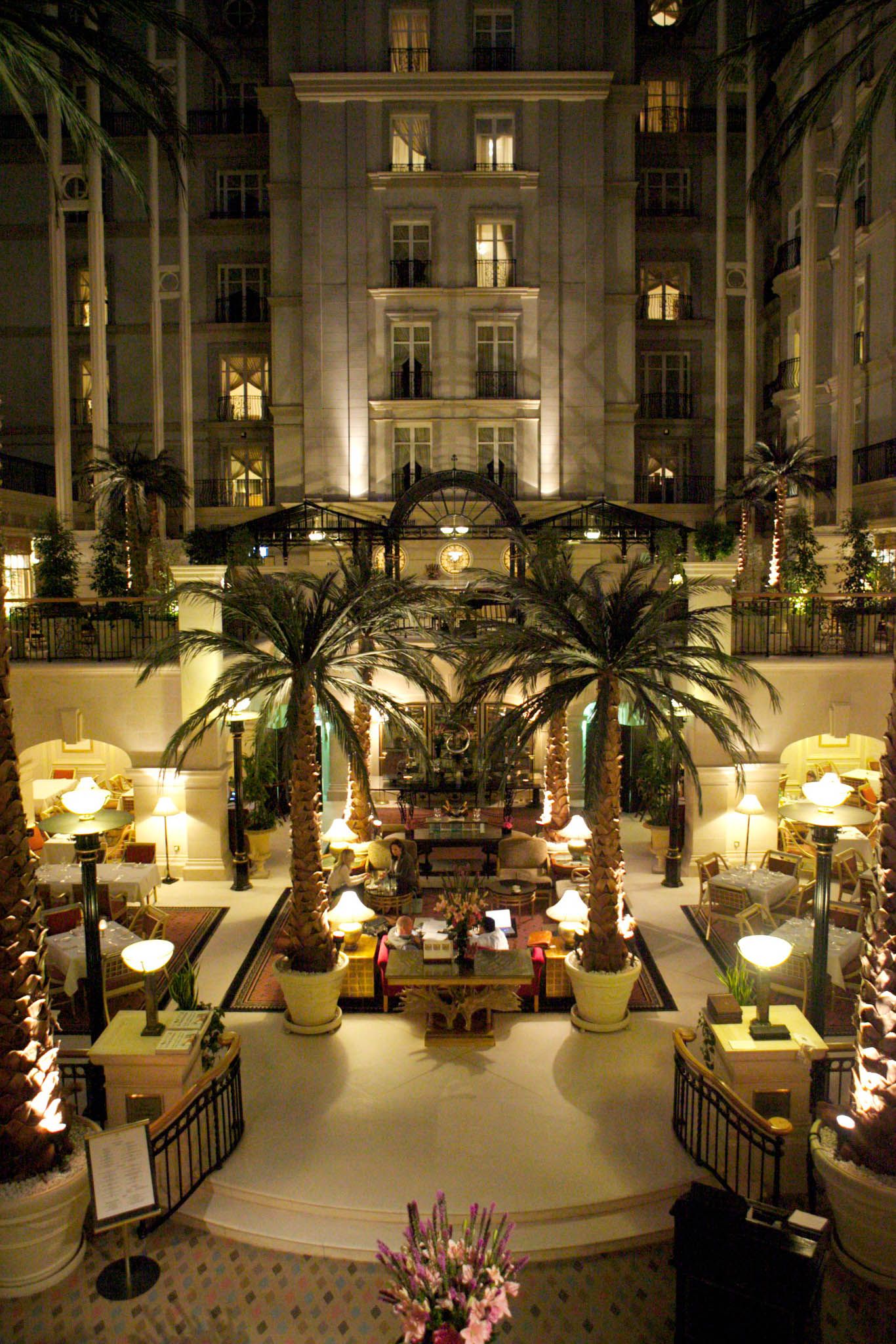 Luxurious hotel atrium with palm trees and ambient lighting creating a warm evening atmosphere.