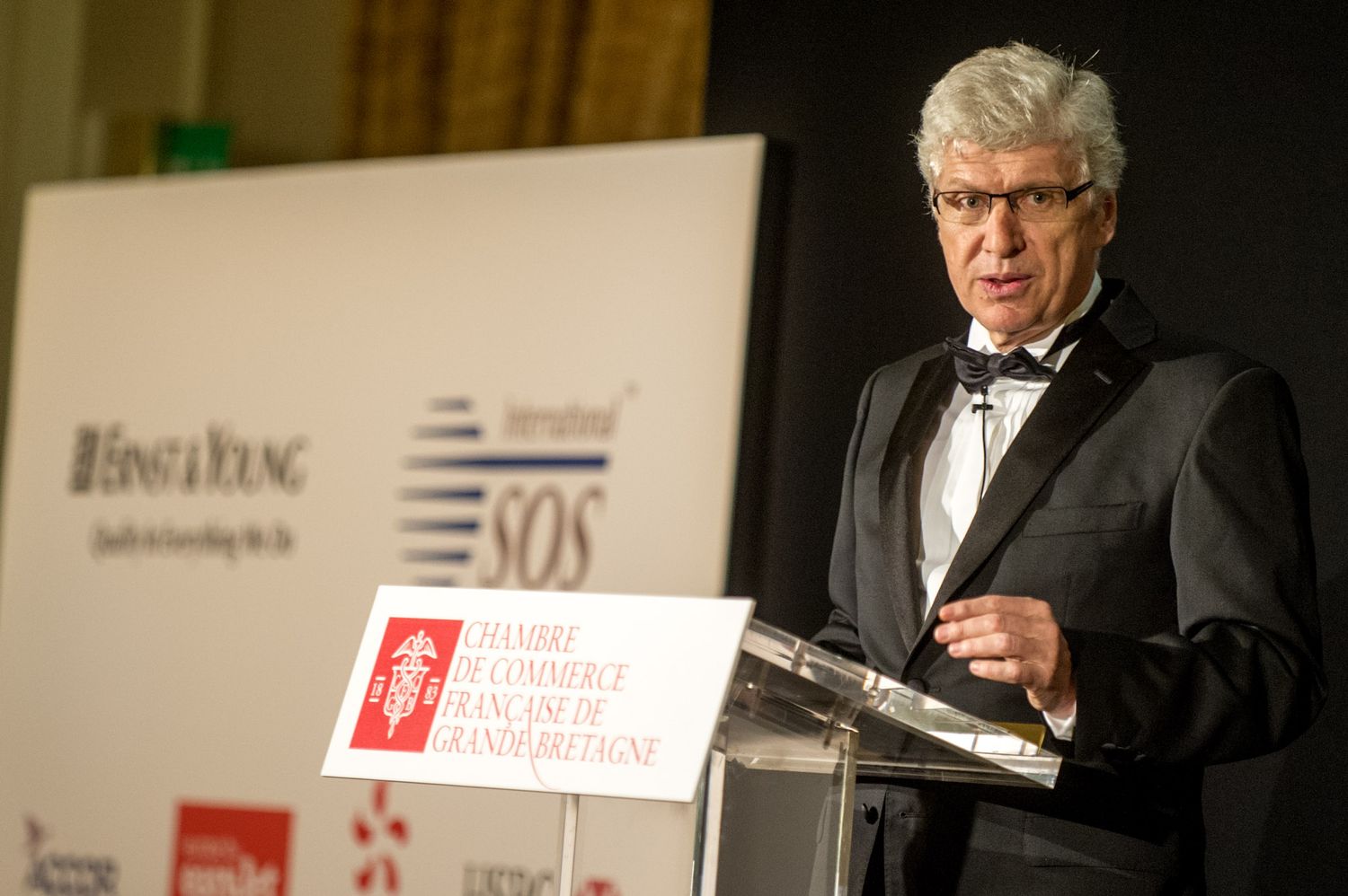 Speaker presenting at a formal business conference with corporate logos displayed on backdrop.