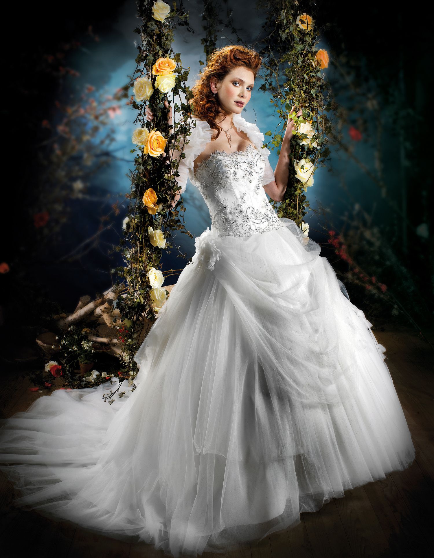 Elegant white ball gown wedding dress with floral embroidery, tulle skirt, and off-shoulder design, displayed in a floral garden setting.