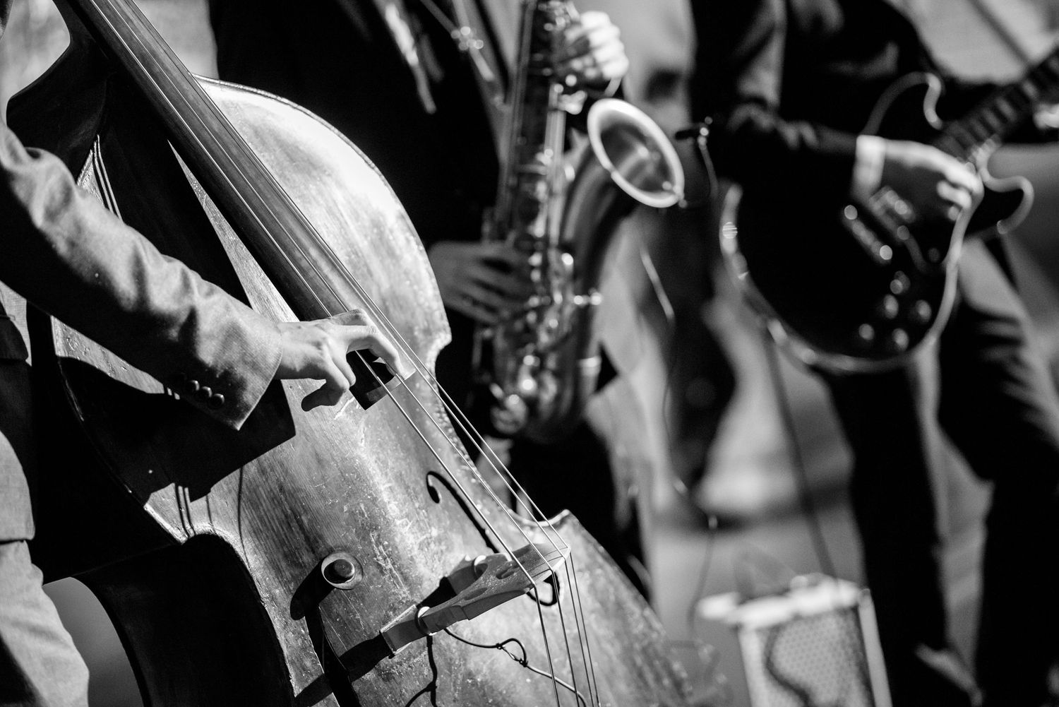 Black and white close-up of musicians playing double bass and saxophone during a performance.