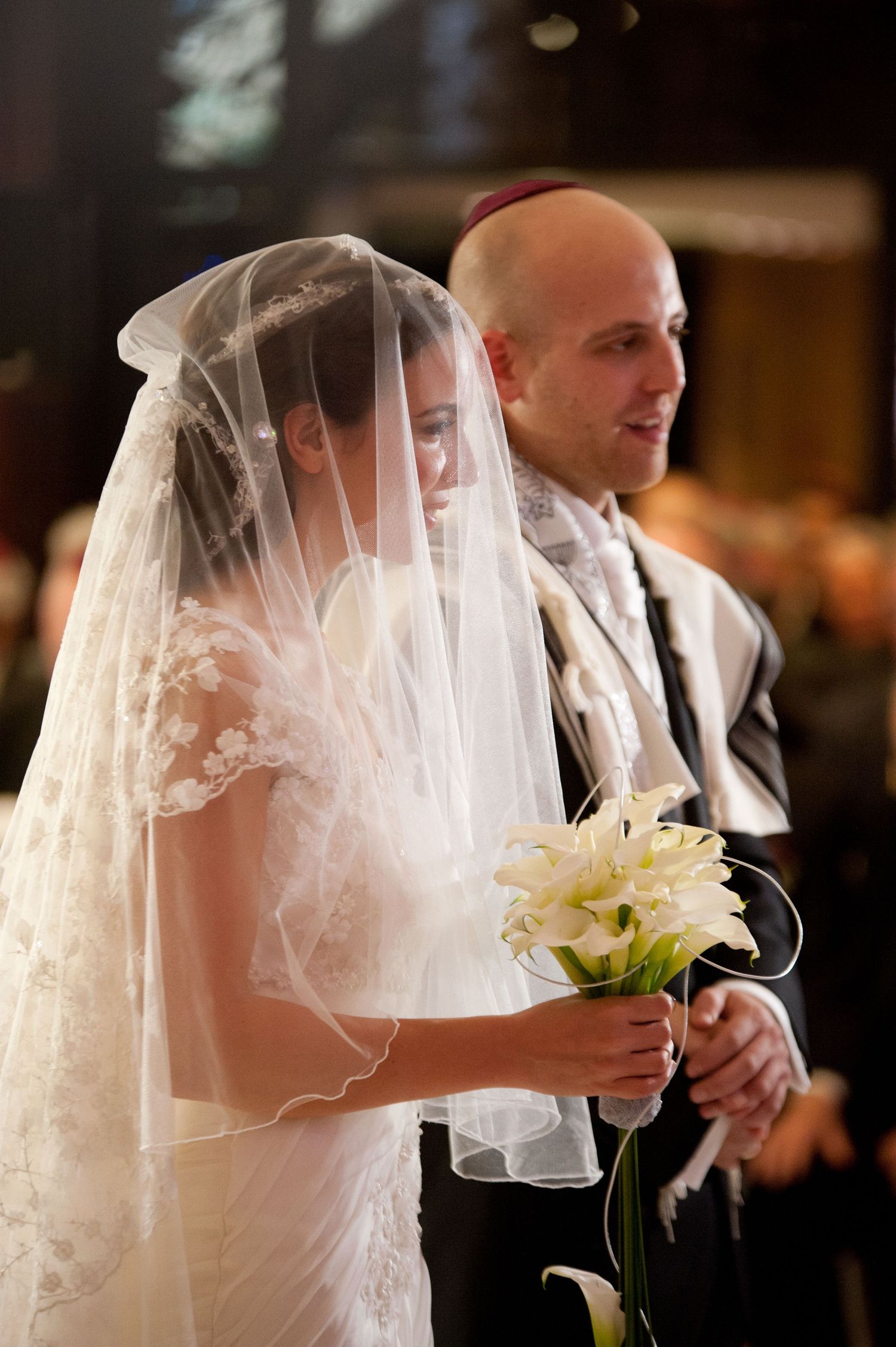 A series of wedding photos showing brides in white veils holding white calla lily bouquets during a ceremony.