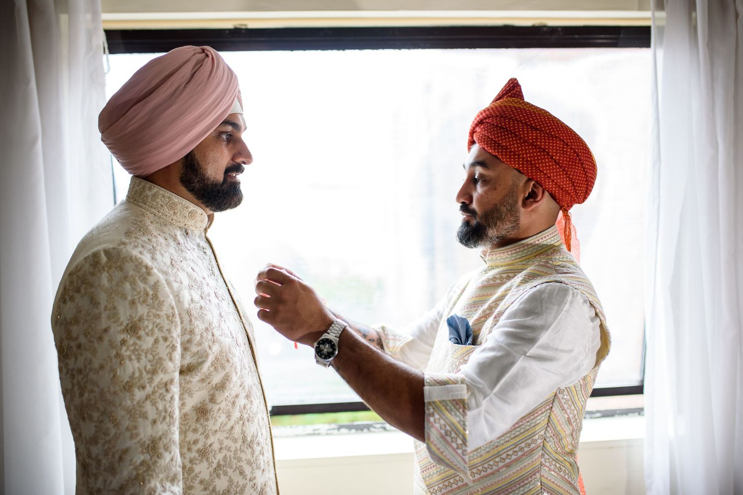 A series of five similar photos showing someone adjusting their tie while getting ready in formal attire.