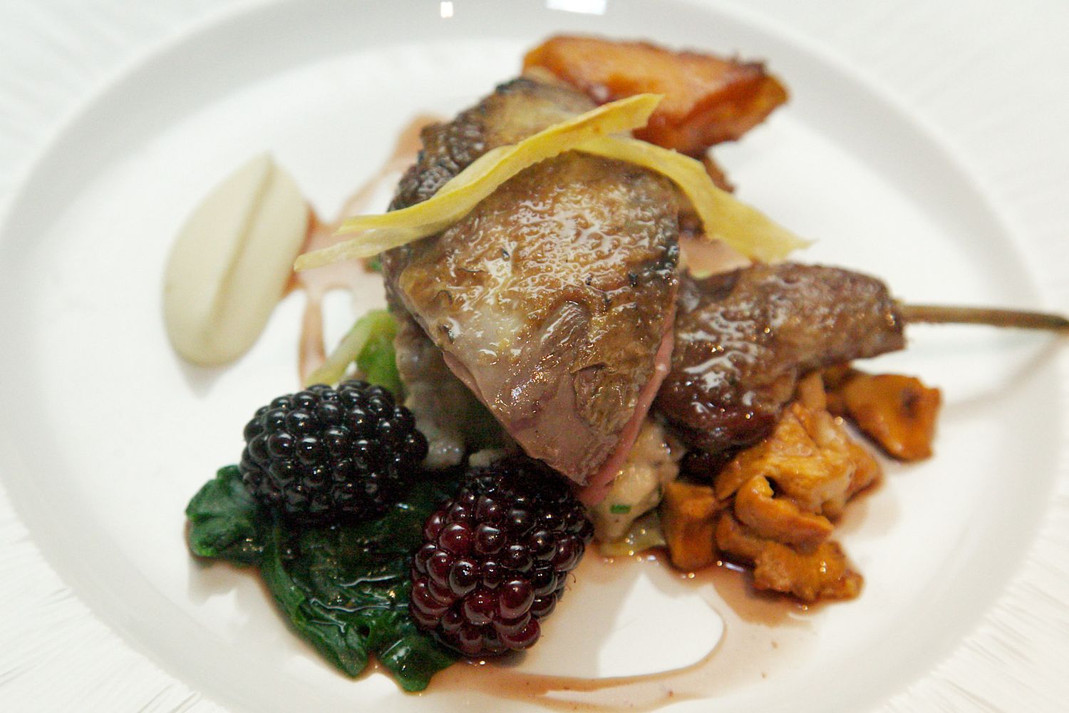 Gourmet plated dishes featuring meat and berries with elegant presentation.