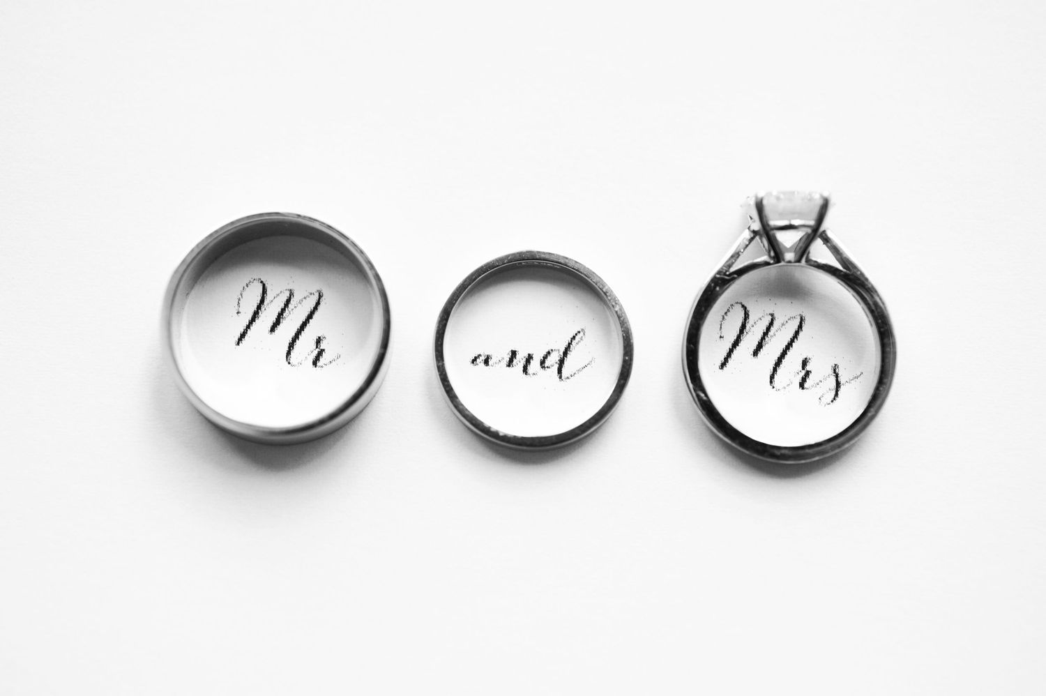 Three wedding rings labeled Mr. and Mrs. displayed on a white background, symbolizing marriage and unity.