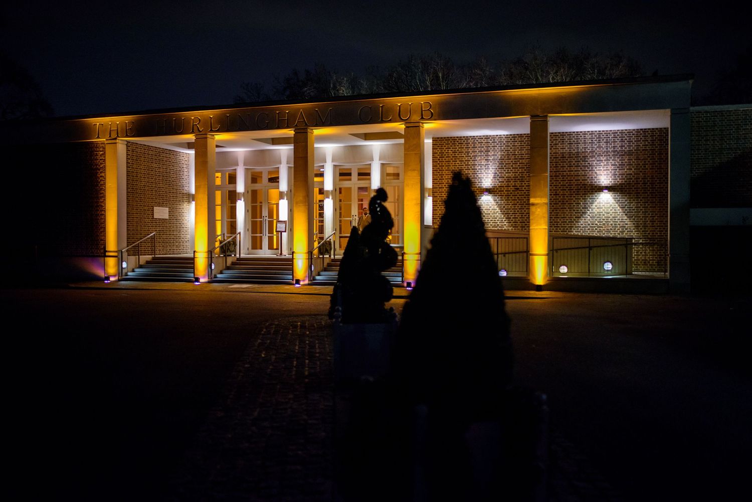 Silhouettes of people against illuminated columns of a building at night.