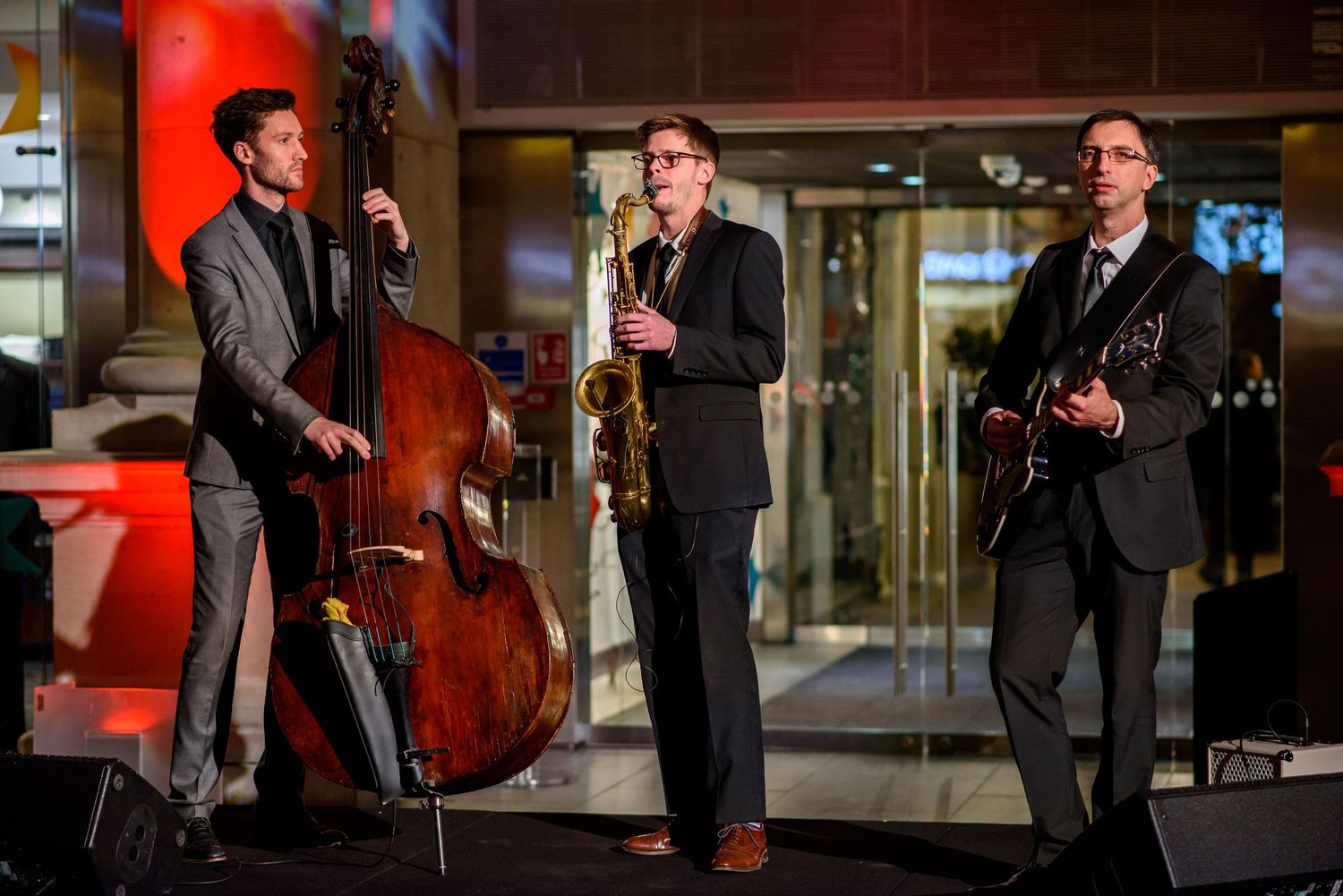 Jazz musicians performing with upright bass and other instruments in an elegant venue.
