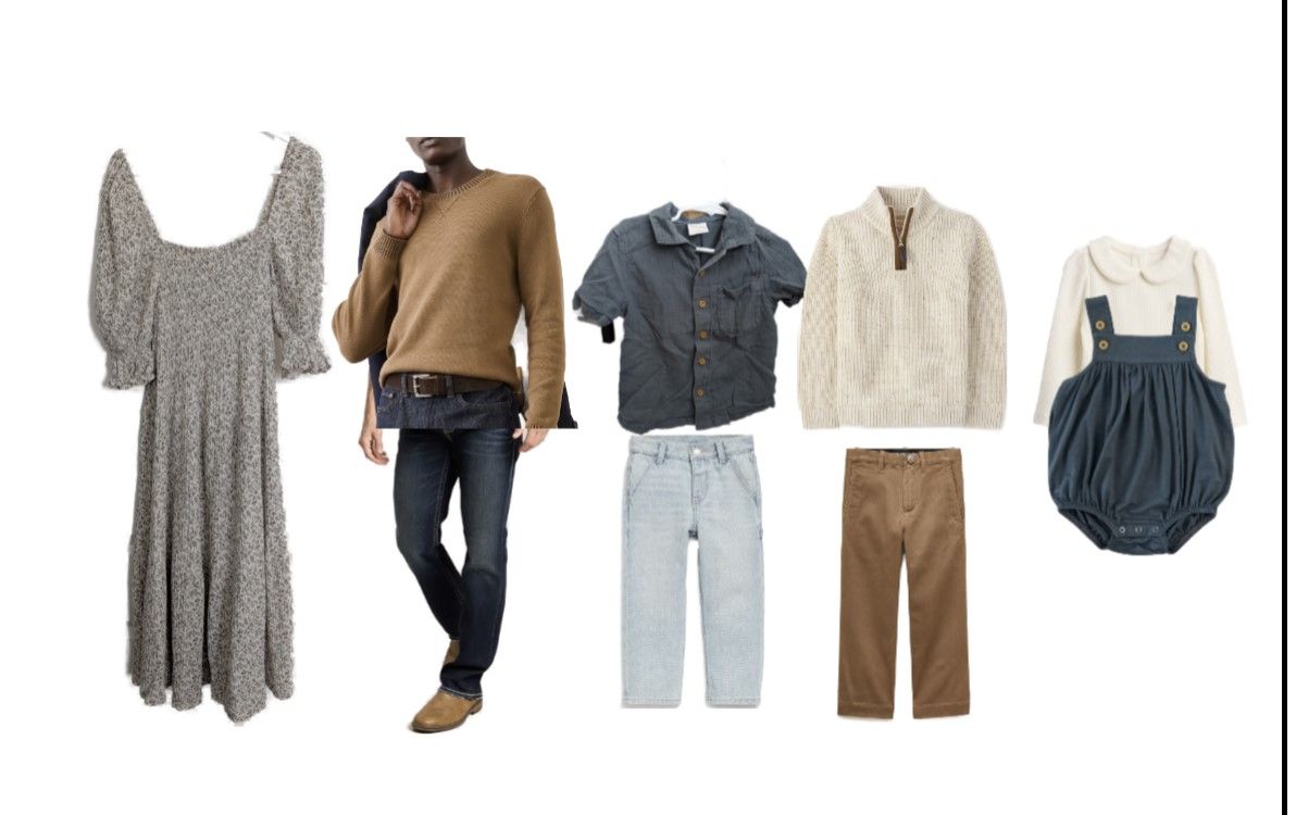 Family outfit flat lay featuring floral dress, brown sweater with jeans, kids button shirt, tan pants, cream pullover, and navy romper.