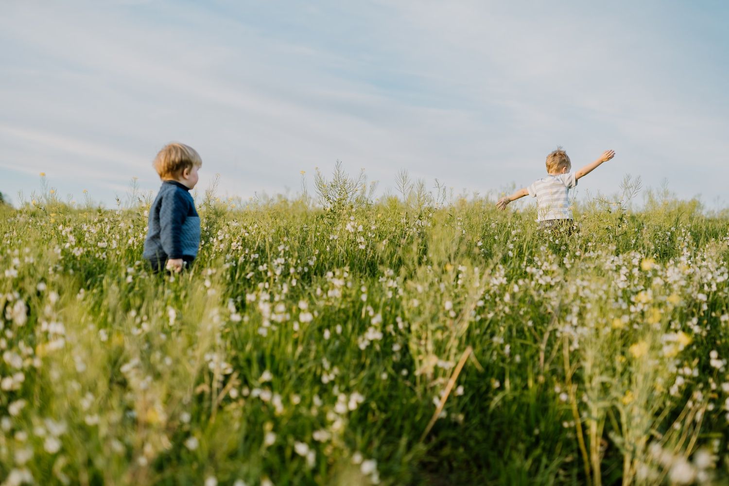 Toddlers run through grassy field in Knoxville