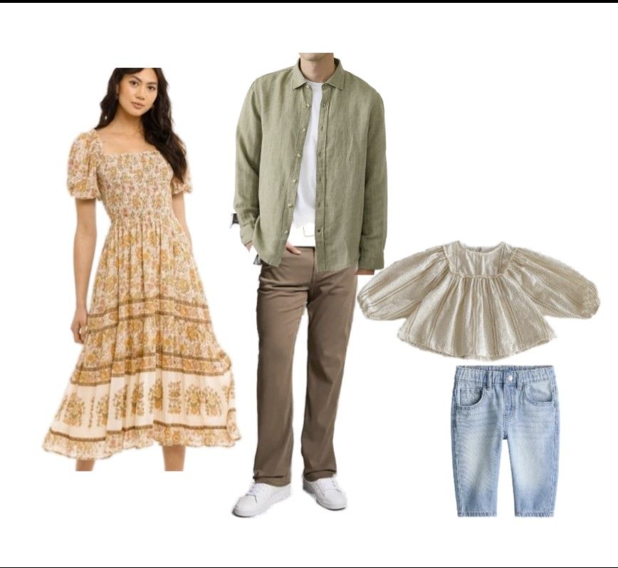 Family outfit set featuring floral maxi dress, olive bomber jacket with tan pants, and toddler blouse with jeans.