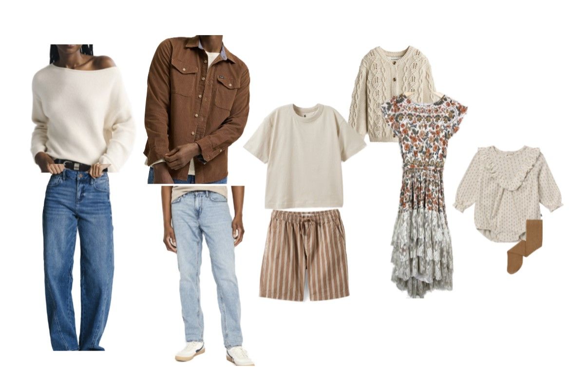Coordinated family outfits featuring cream sweater, brown jacket, jeans, kids shorts set, floral dress, and knit romper.