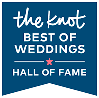 Dark blue banner logo for The Knot Best of Weddings Hall of Fame with white text and a red star accent.