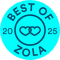 A circular turquoise logo design featuring interlocking hearts and text reading 'Best of Zola 2025'.