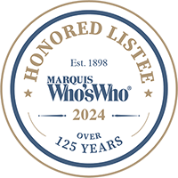 Circular blue and gold Marquis Who's Who Honored Listee seal featuring est. 1898 and over 125 years text.