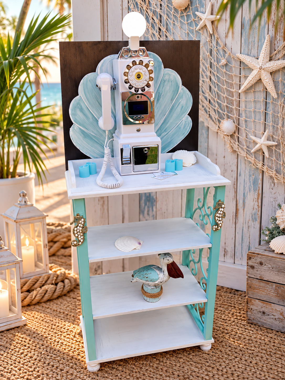 Beach-themed white and teal display shelf with vintage phone, seashell decor, and coastal accents near ocean backdrop.