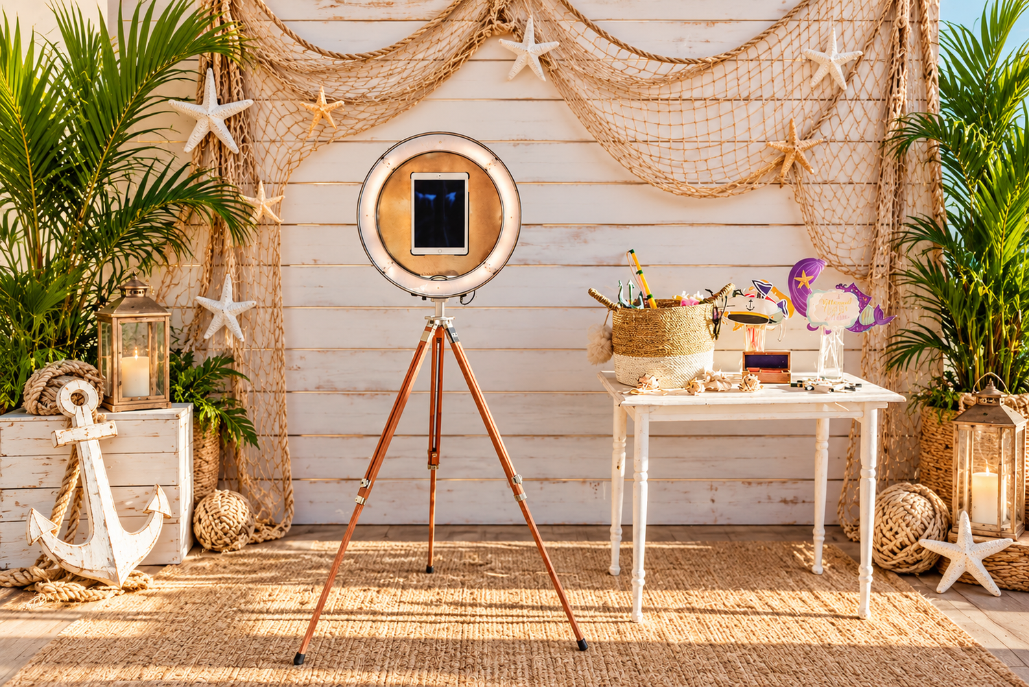 Nautical beach photo booth with ring light on tripod, starfish, fishing net backdrop, anchor, and tropical palms.