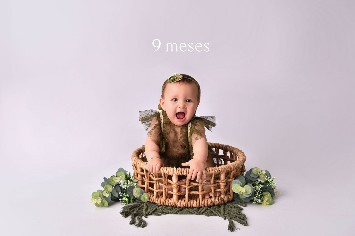 Baby in wicker basket poses for monthly milestone photos showing growth progression over first nine months.