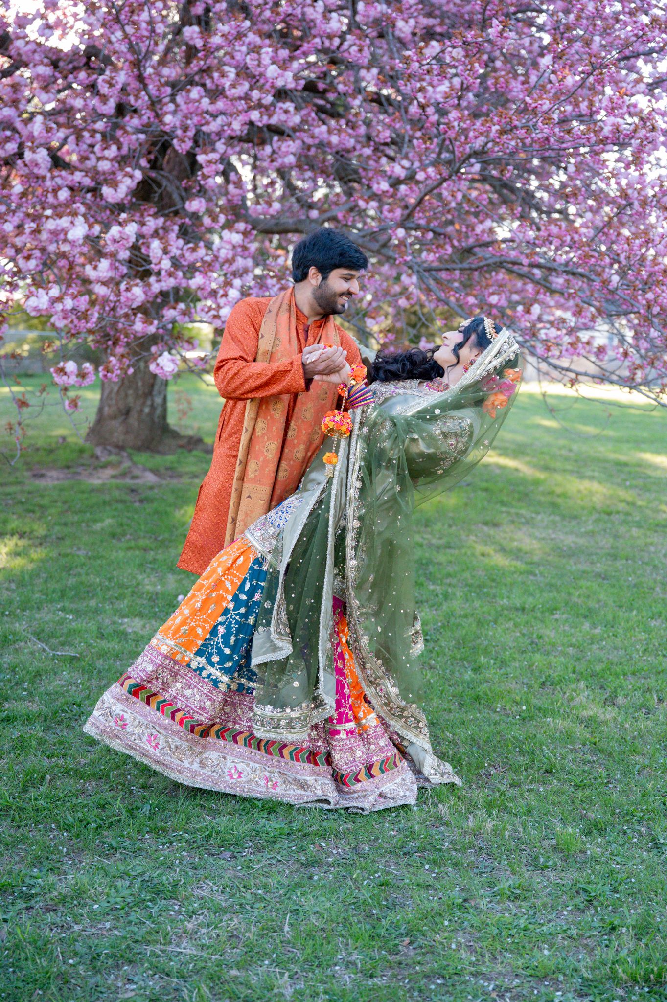Couple in vibrant traditional Indian attire dancing under blooming pink cherry blossom tree on green grass.