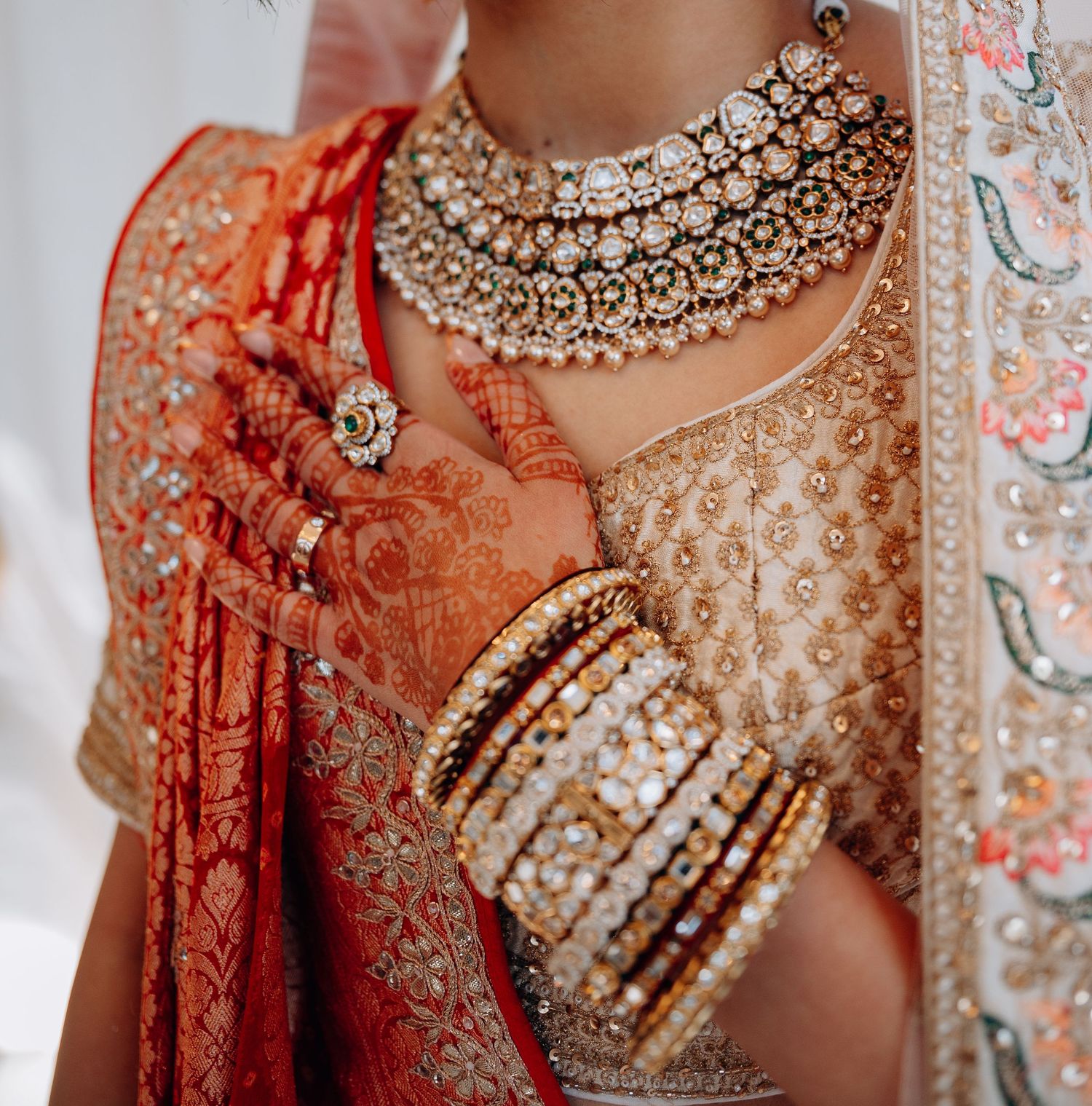 Close-up of intricate bridal jewelry and embellished wedding attire in traditional Indian style.