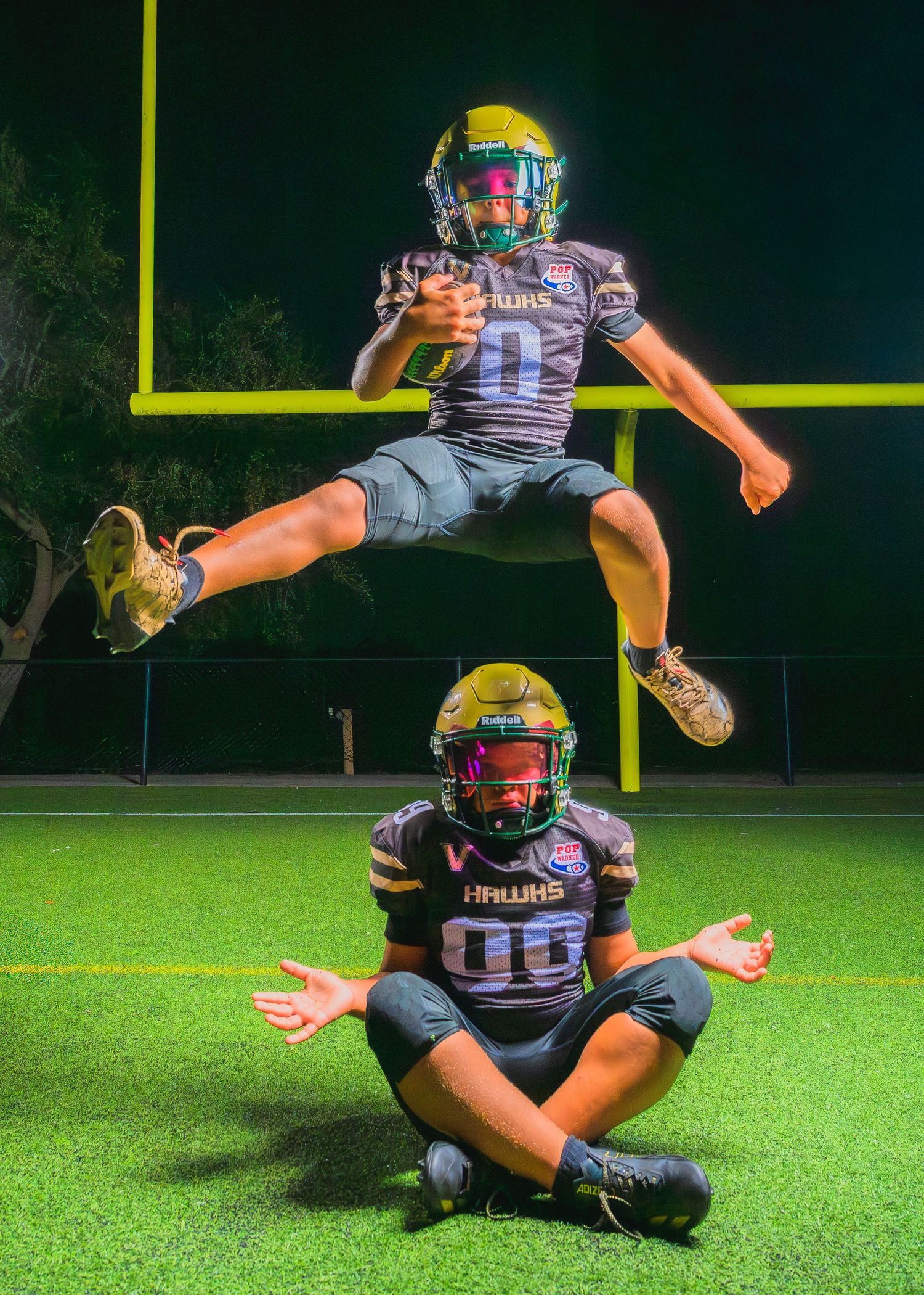 Football player demonstrates kicking stance sequence on green field with goal posts in background.