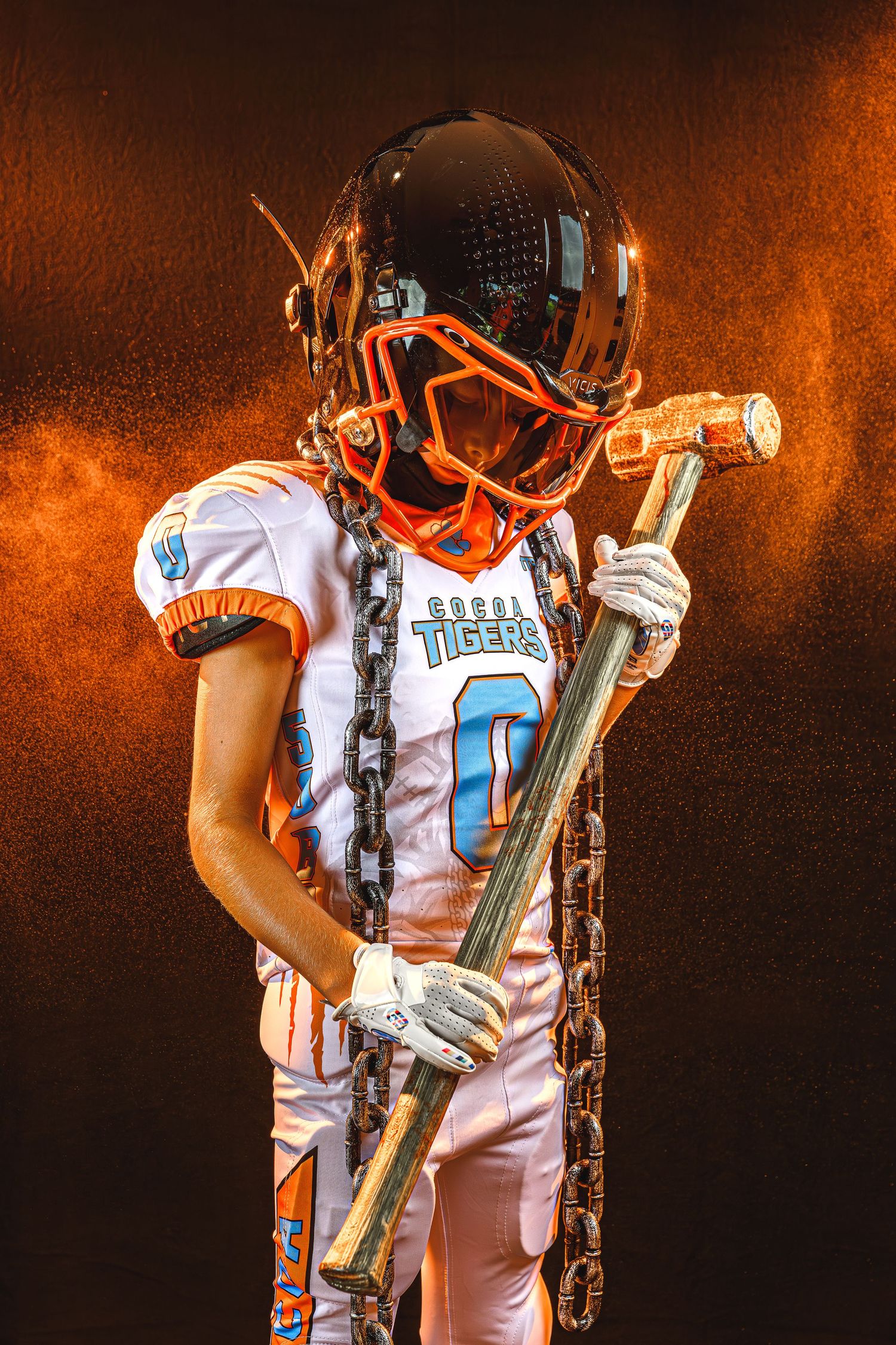 Football player in white uniform with number 0 jersey and black helmet shown from multiple angles against orange background.