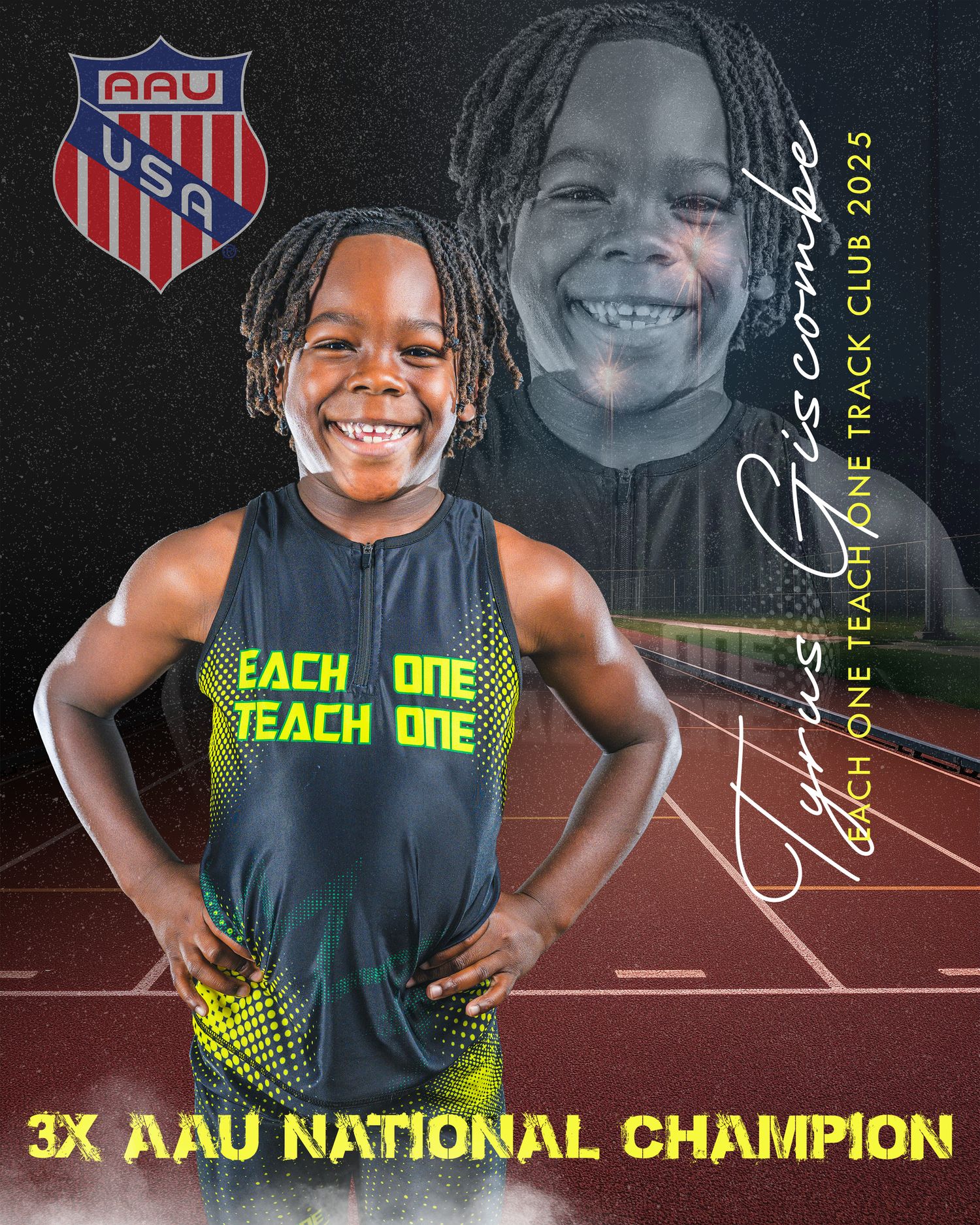 A compilation of sports portraits shows an athlete in a dark tank top with text highlighting '3X AAU National Champion' achievement.