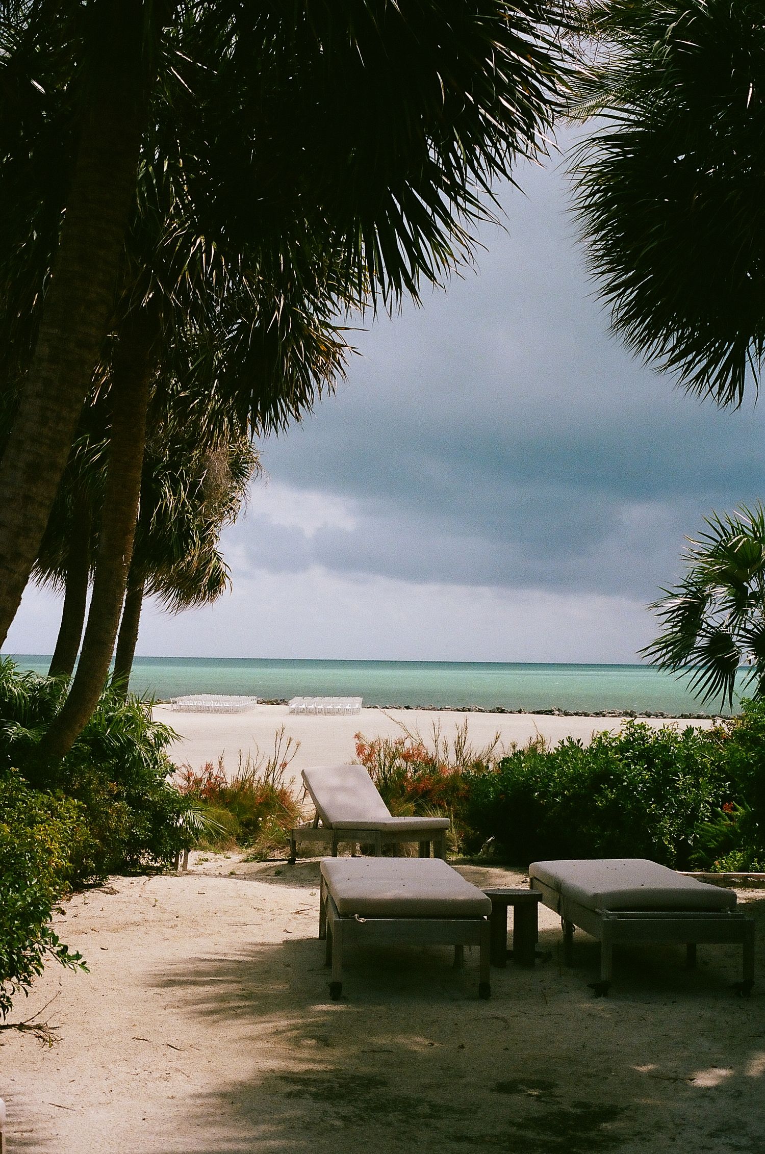 Serene beach view with lounge chairs under palm trees overlooking turquoise ocean waters under cloudy skies.