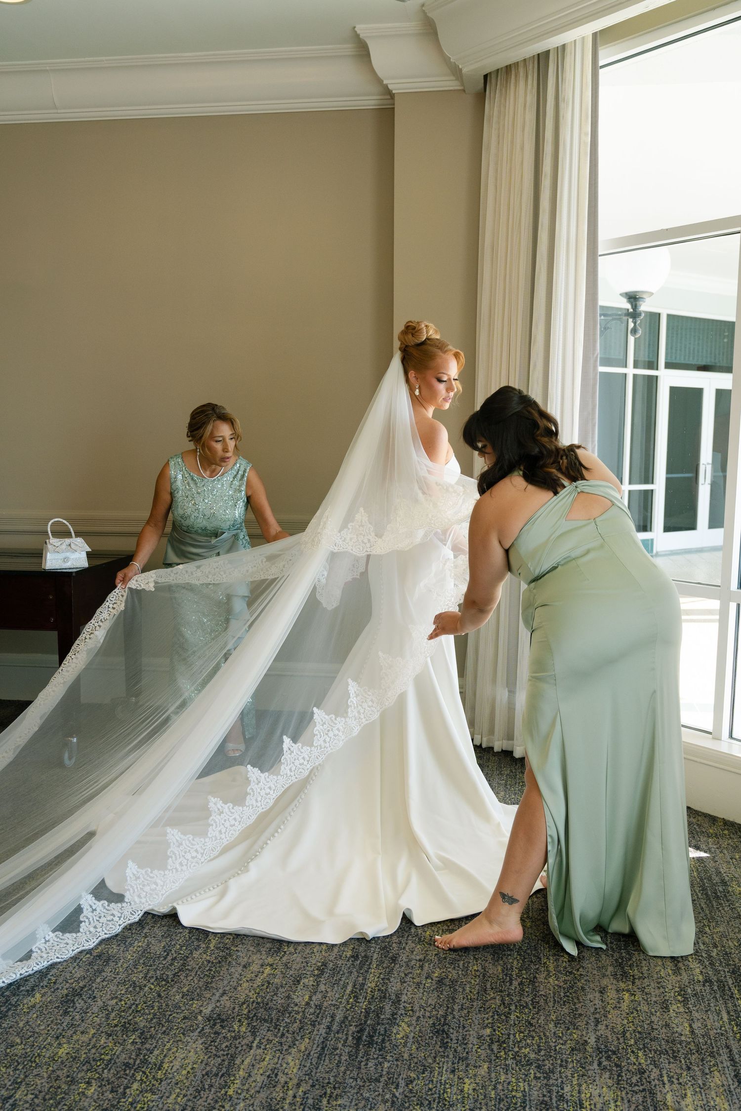 Wedding preparation sequence showing flowing white dress and mint green bridesmaid gowns against beige walls.
