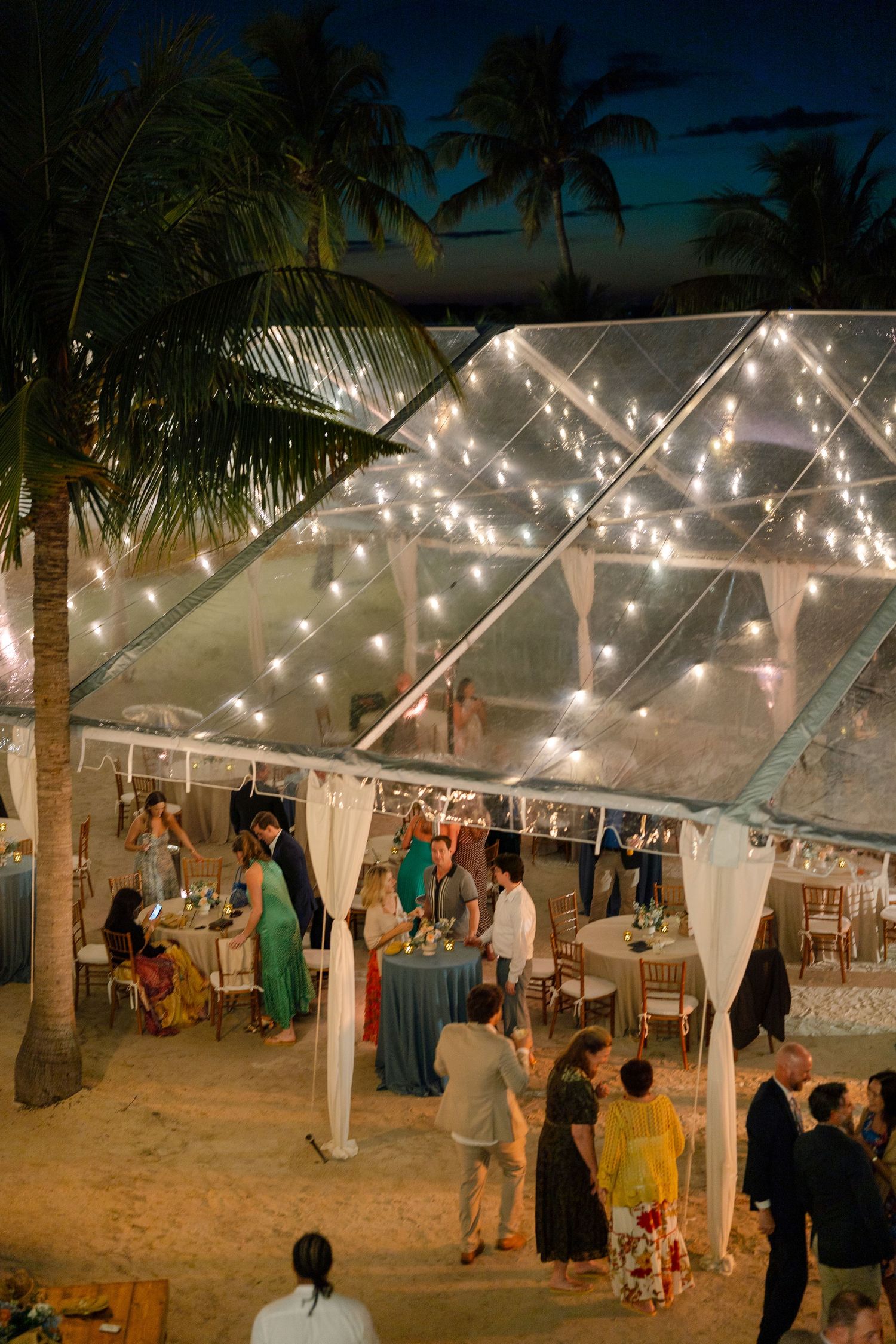 Wedding reception under a clear tent with string lights and palm trees at night.