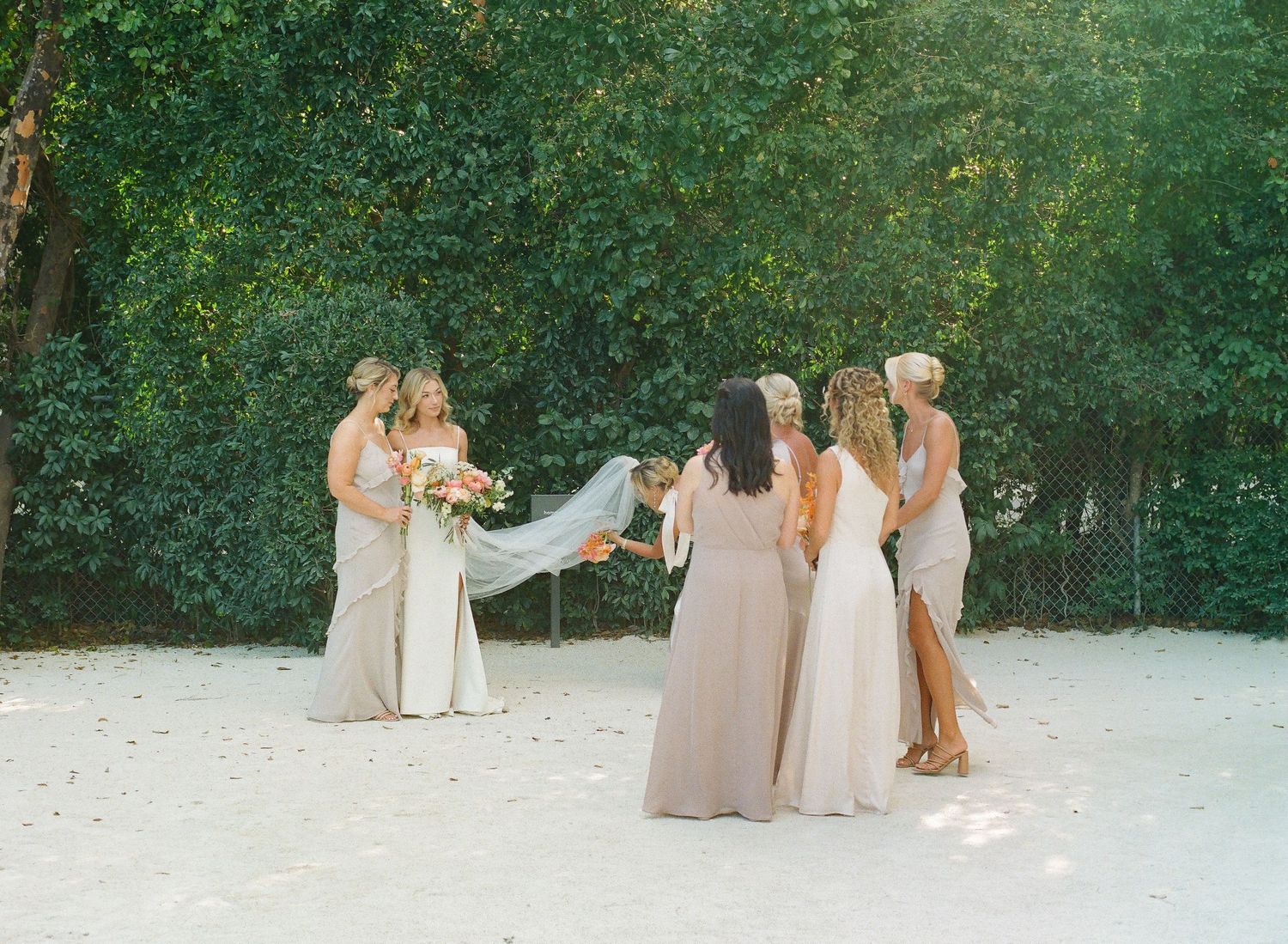 Wedding party members in neutral dresses gather outdoors against a backdrop of green trees.
