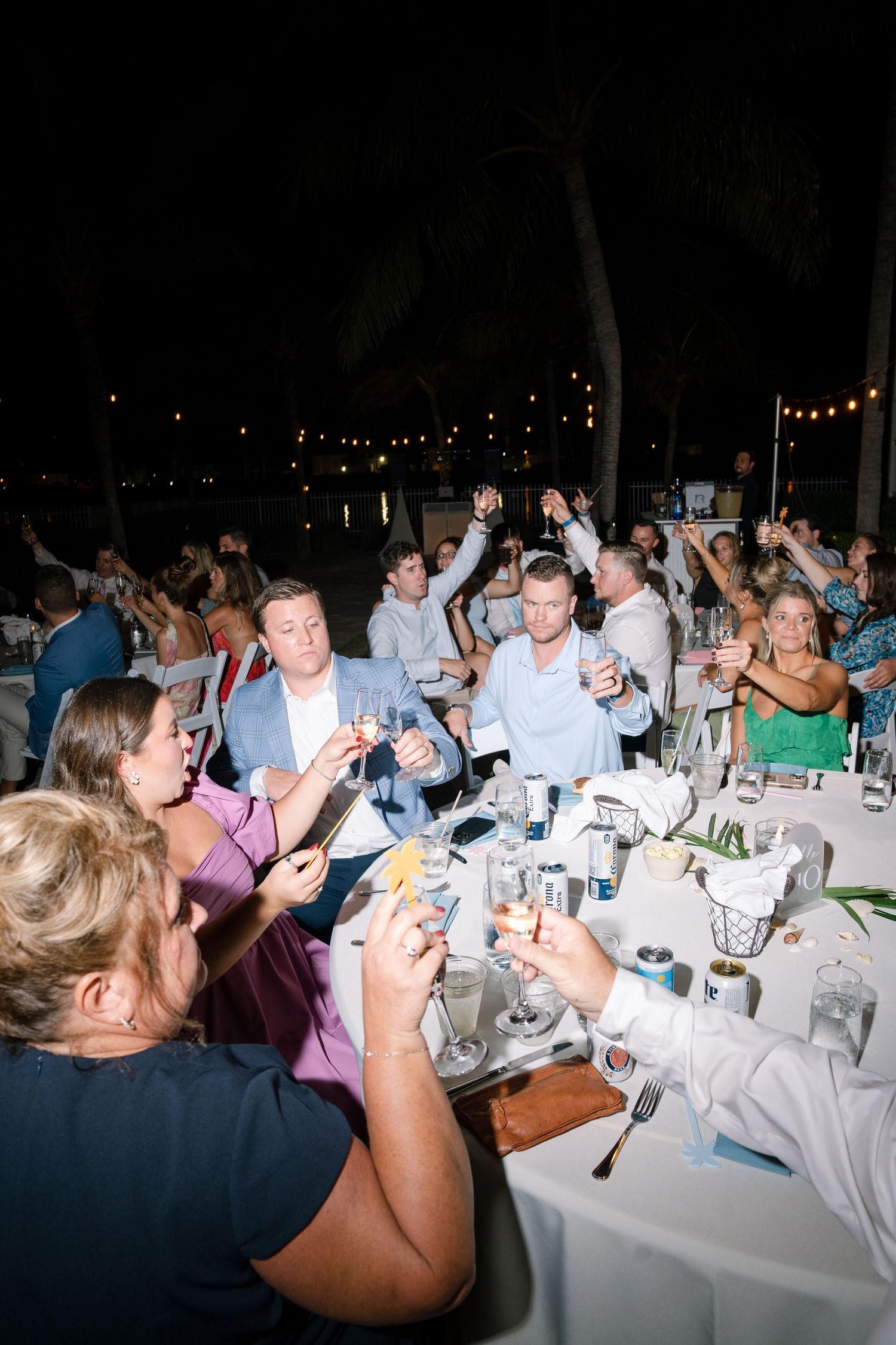 Wedding reception guests raising glasses for a toast at a nighttime outdoor celebration.