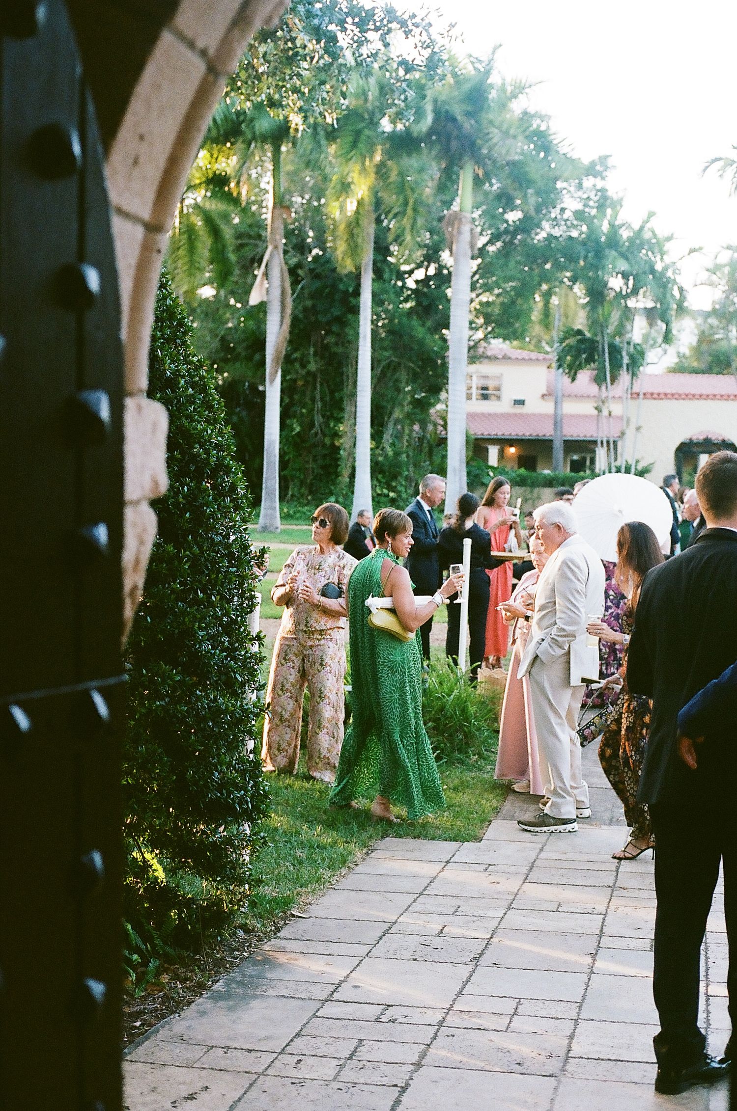 Wedding guests in formal attire gather and socialize on a brick pathway beside lush greenery and tall palm trees.