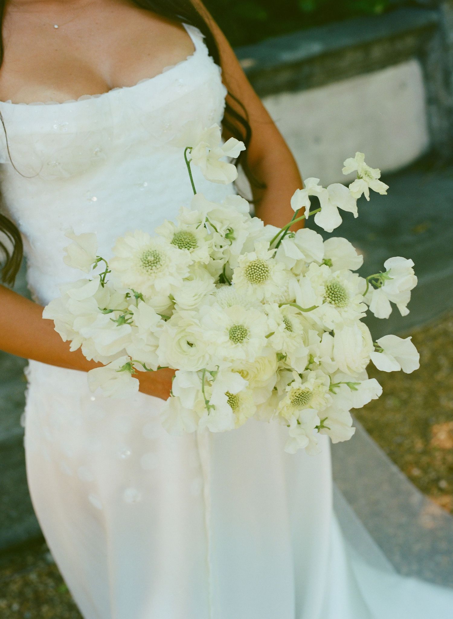 Bride holding lush white bouquet of scabiosa and sweet peas in elegant strapless wedding gown.