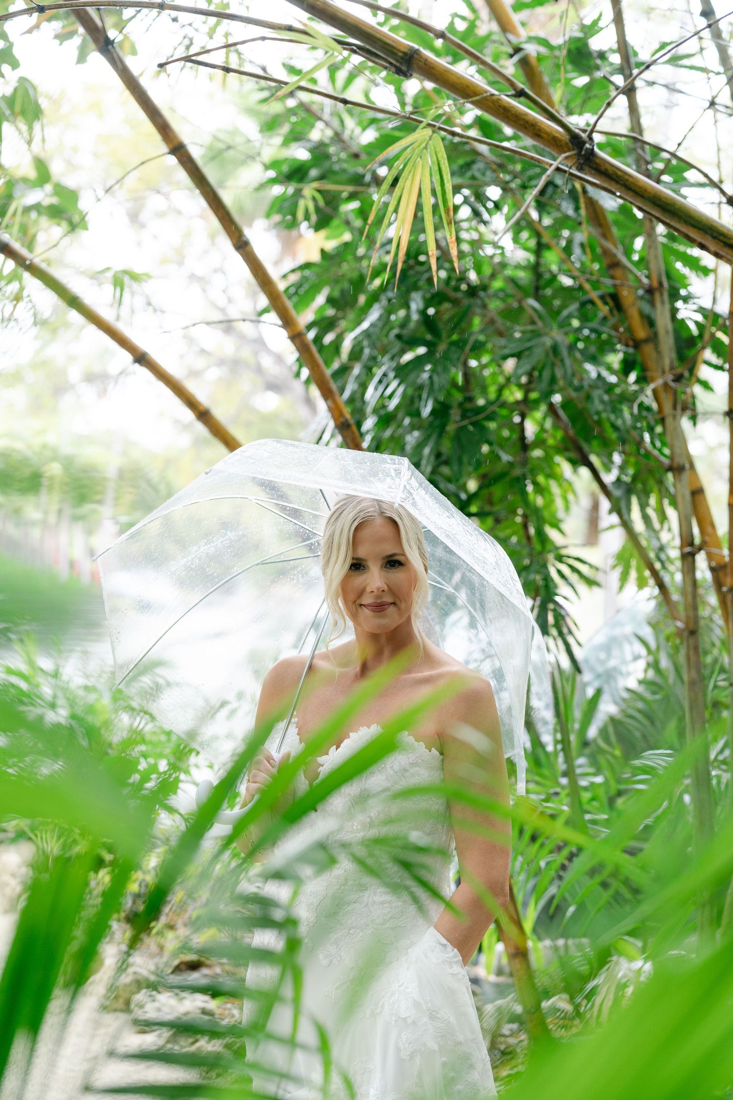 Bridal portrait through tropical foliage and greenery with flowing veil.