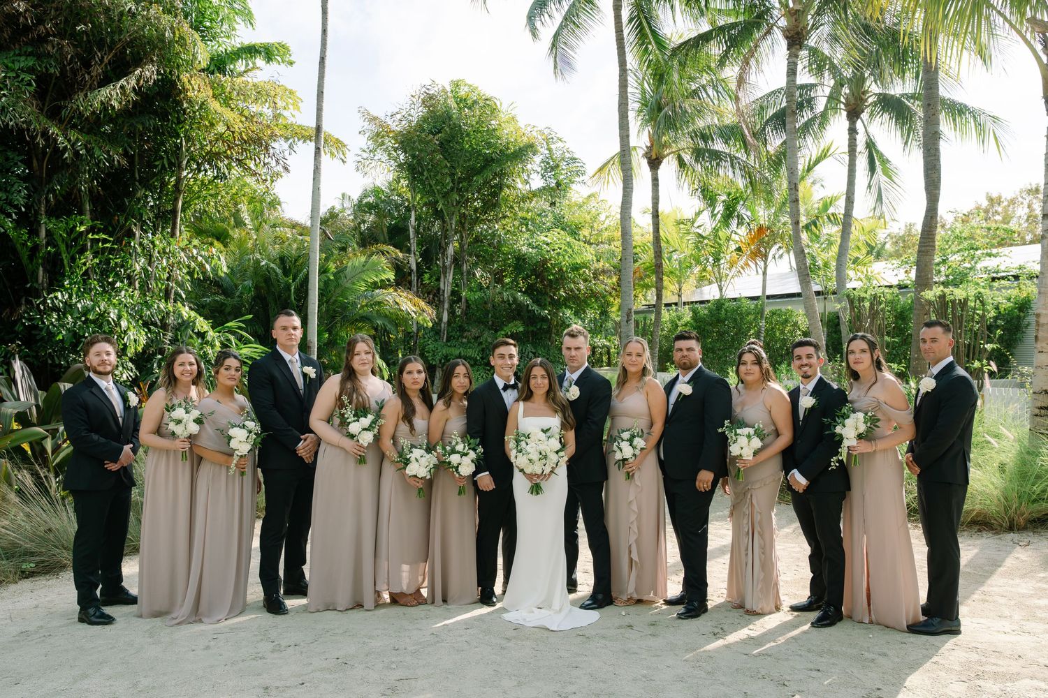 Wedding party posing together on sandy path with palm trees, bridesmaids in taupe gowns and groomsmen in black tuxedos.
