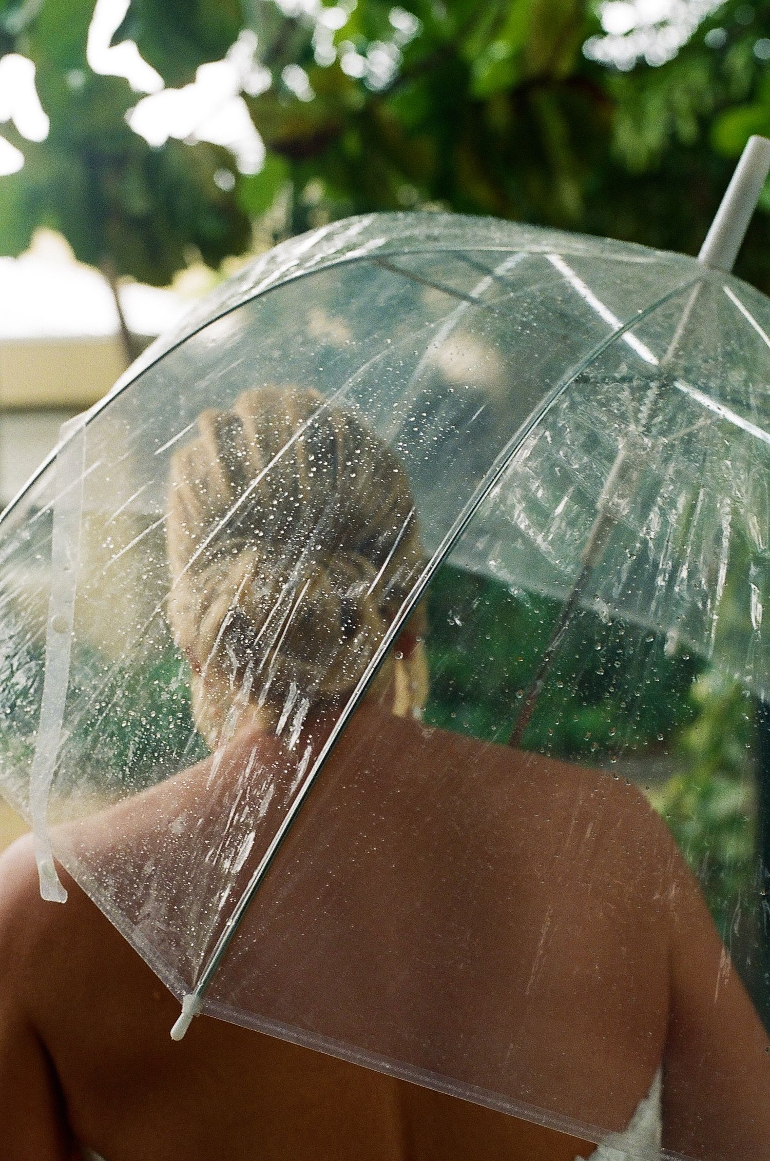 Clear umbrella catches raindrops in outdoor garden setting creating artistic water pattern effect.