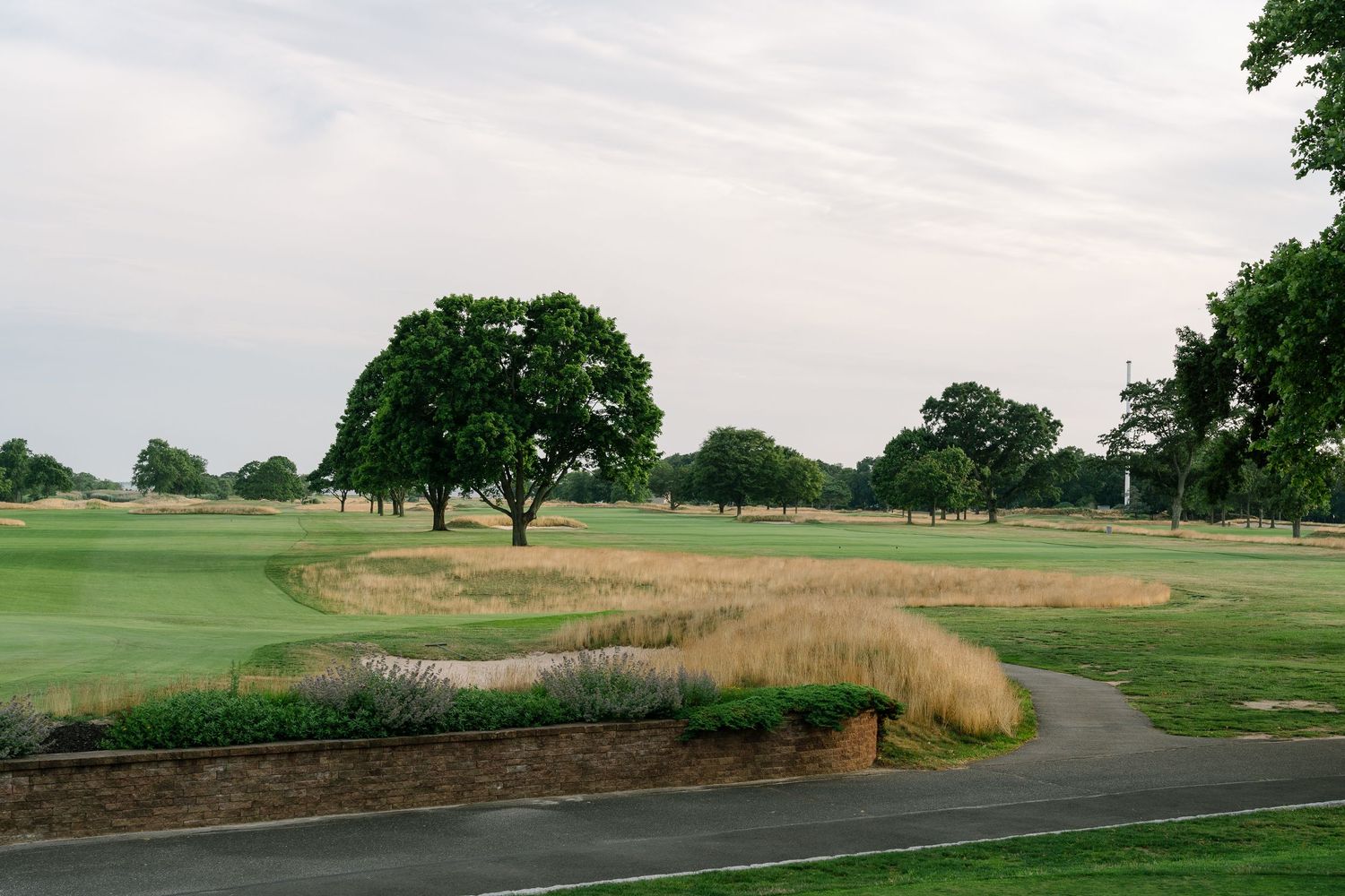 Scenic golf course fairway with sand bunkers, native grass areas, and mature oak trees under a cloudy sky.