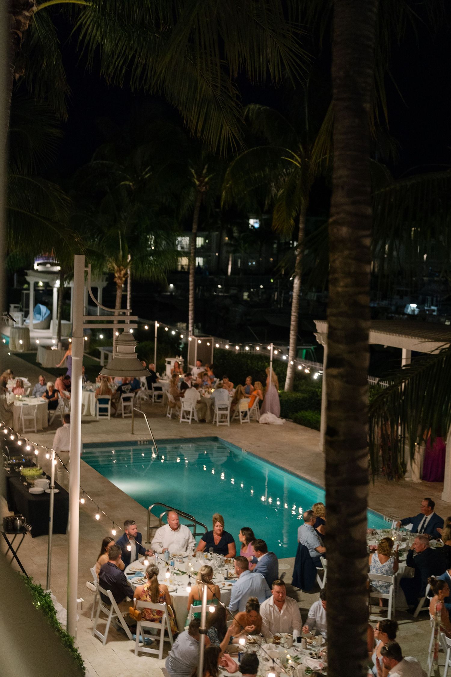 Evening wedding reception by illuminated pool with palm trees and string lights.