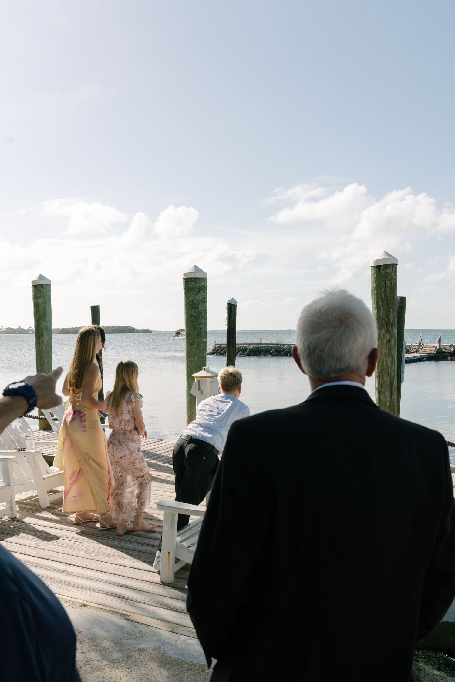 A wedding party standing on a dock with a body of water in the background.