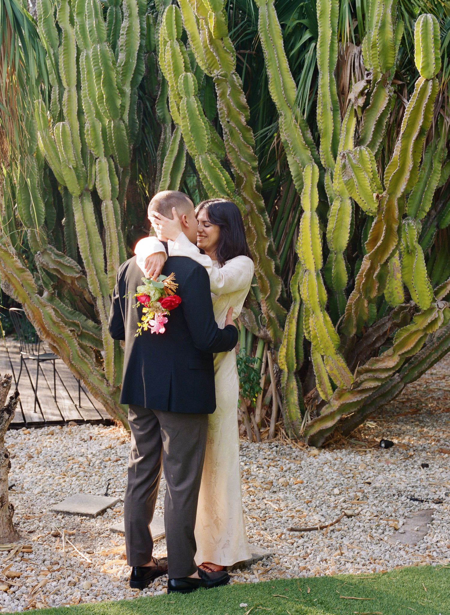 Series of romantic moments captured against tall green cactus garden backdrop.