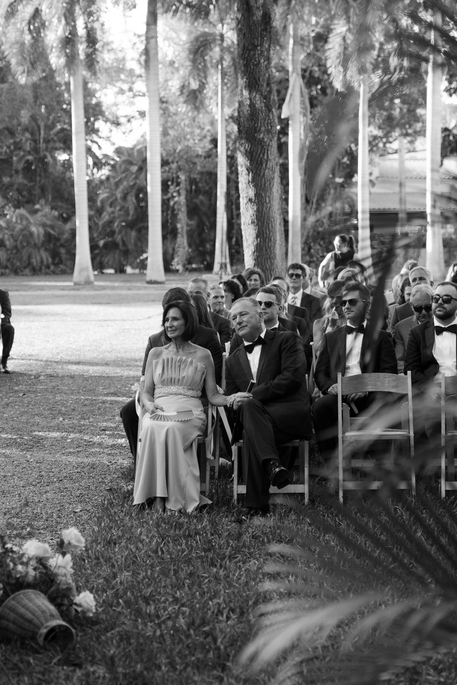 Wedding guests seated in white chairs outdoors during garden ceremony surrounded by tall palm trees.