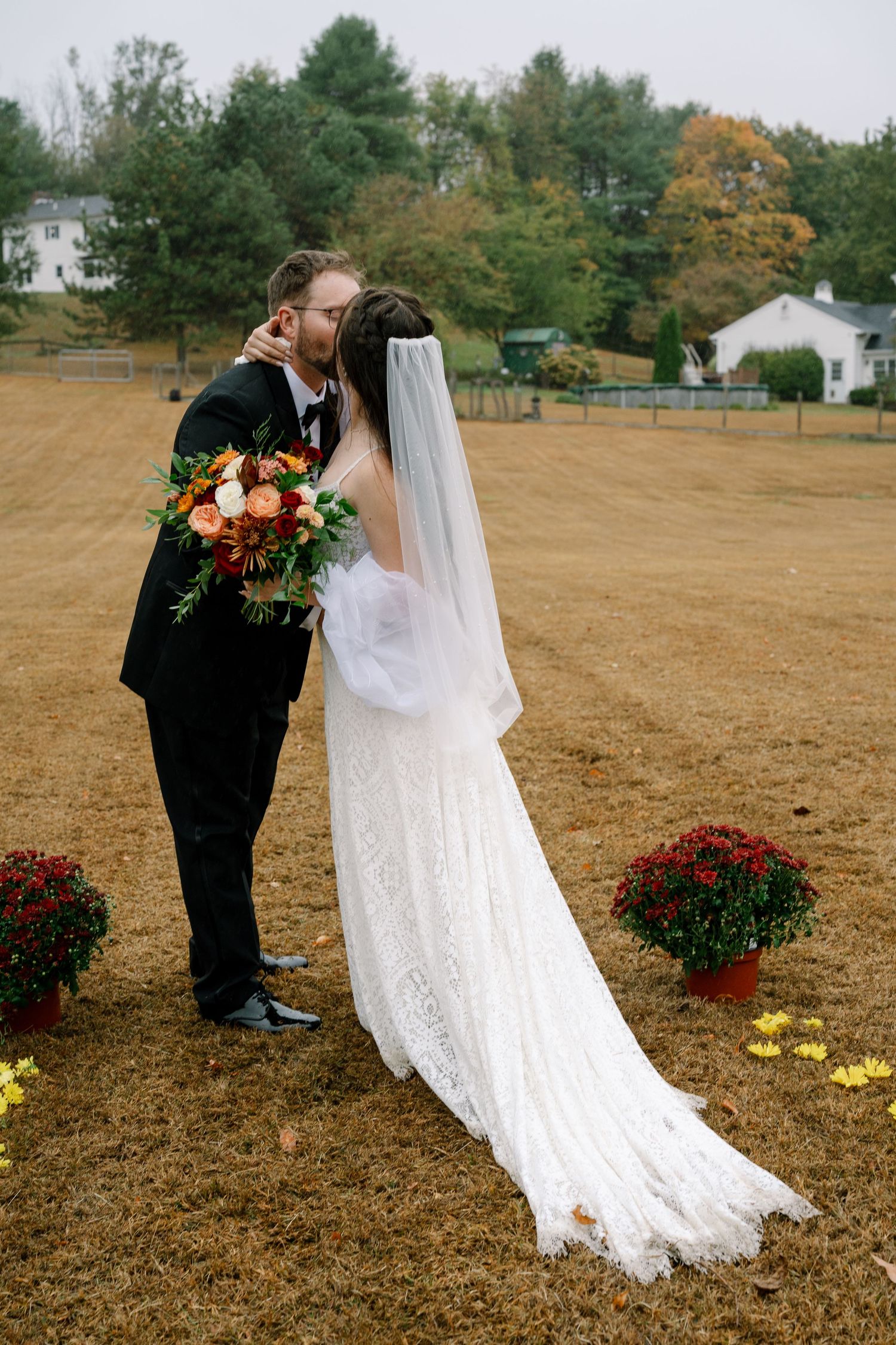 A romantic outdoor wedding photo sequence showing a couple in a field with a flowing white dress and autumn foliage.