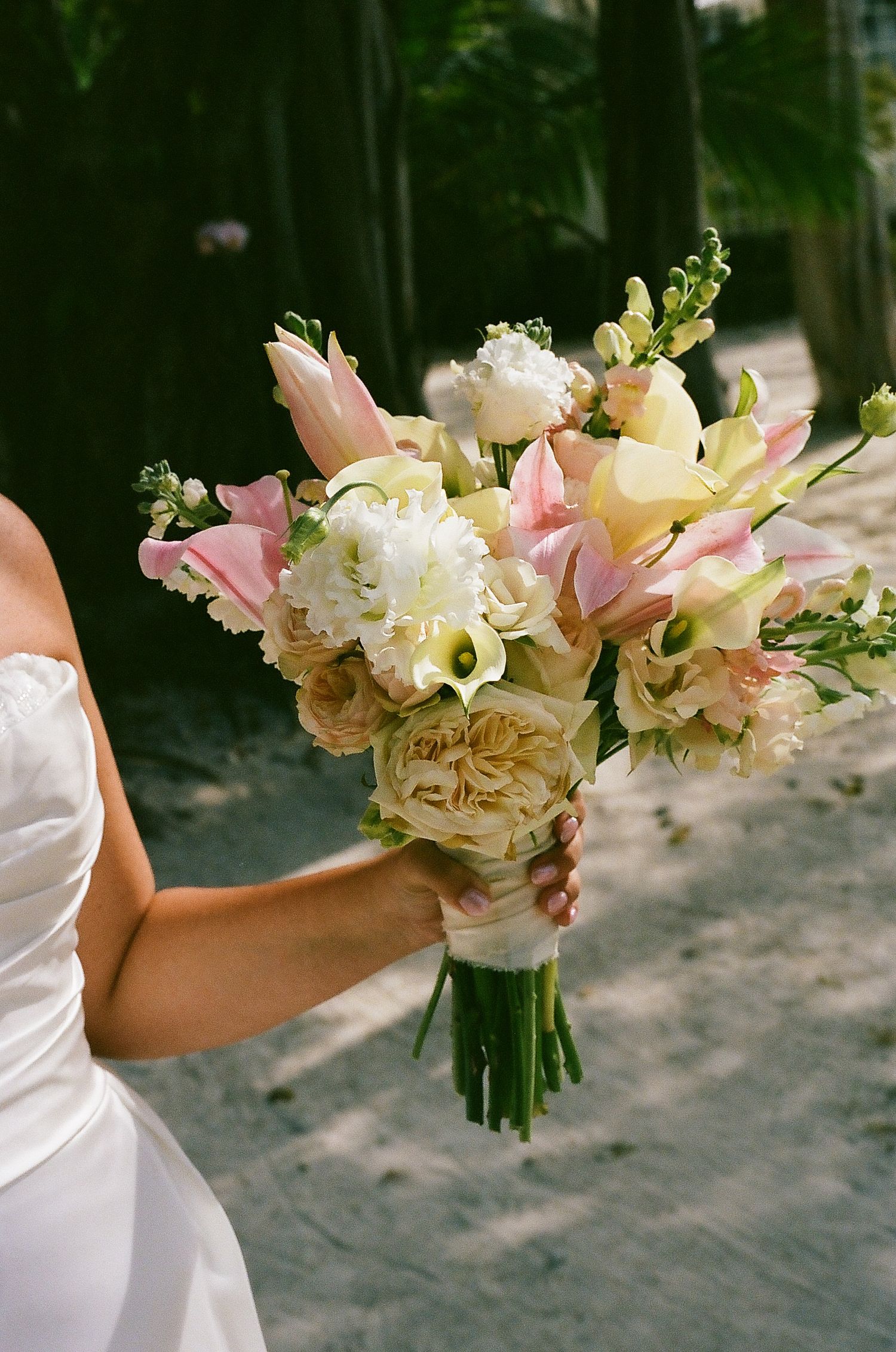 A bouquet of colorful flowers, including pink and white blooms, held by a person's hands.