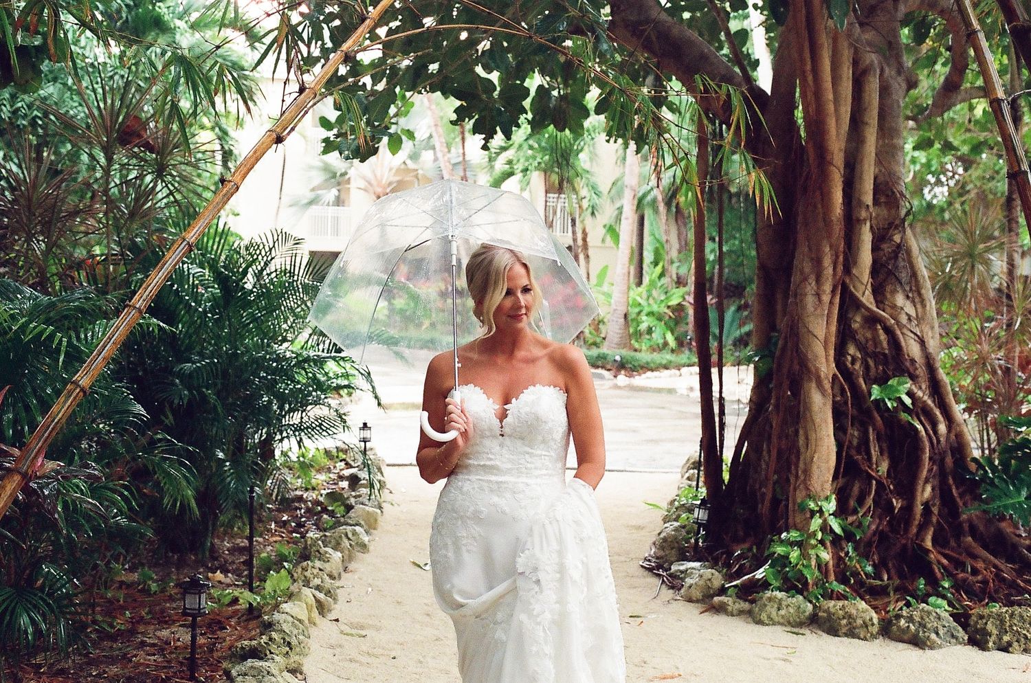 Romantic outdoor photoshoot in a lush tropical garden setting with palm trees and natural greenery.